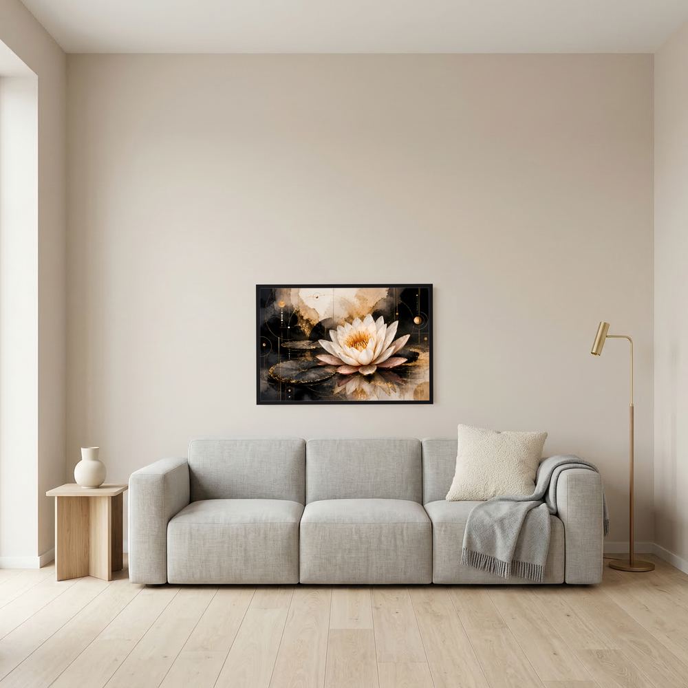 Kleines Wandposter im schwarzen Rahmen mit weißer Seerose und Goldakzenten auf dunklem Wasser
