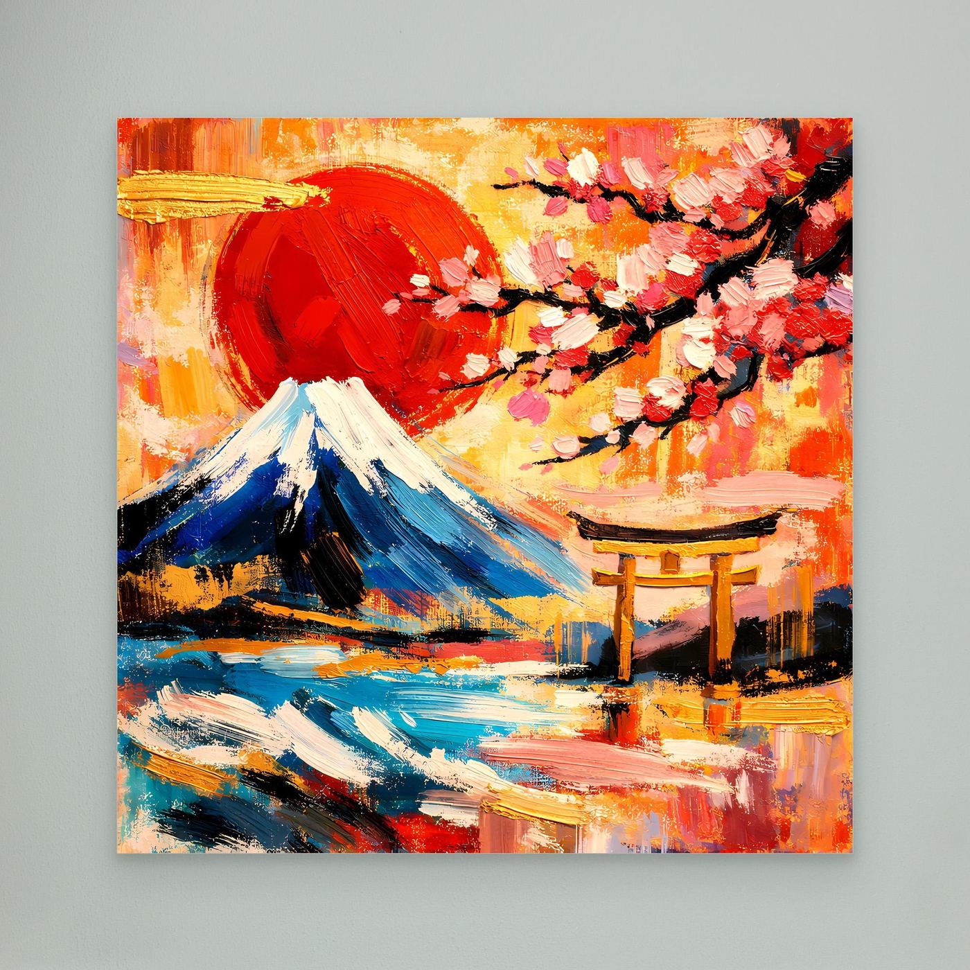 Leinwandbild mit Berg Fuji, rotem Torii und Kirschblüten, abstrakte Pinselstruktur, ohne Rahmen