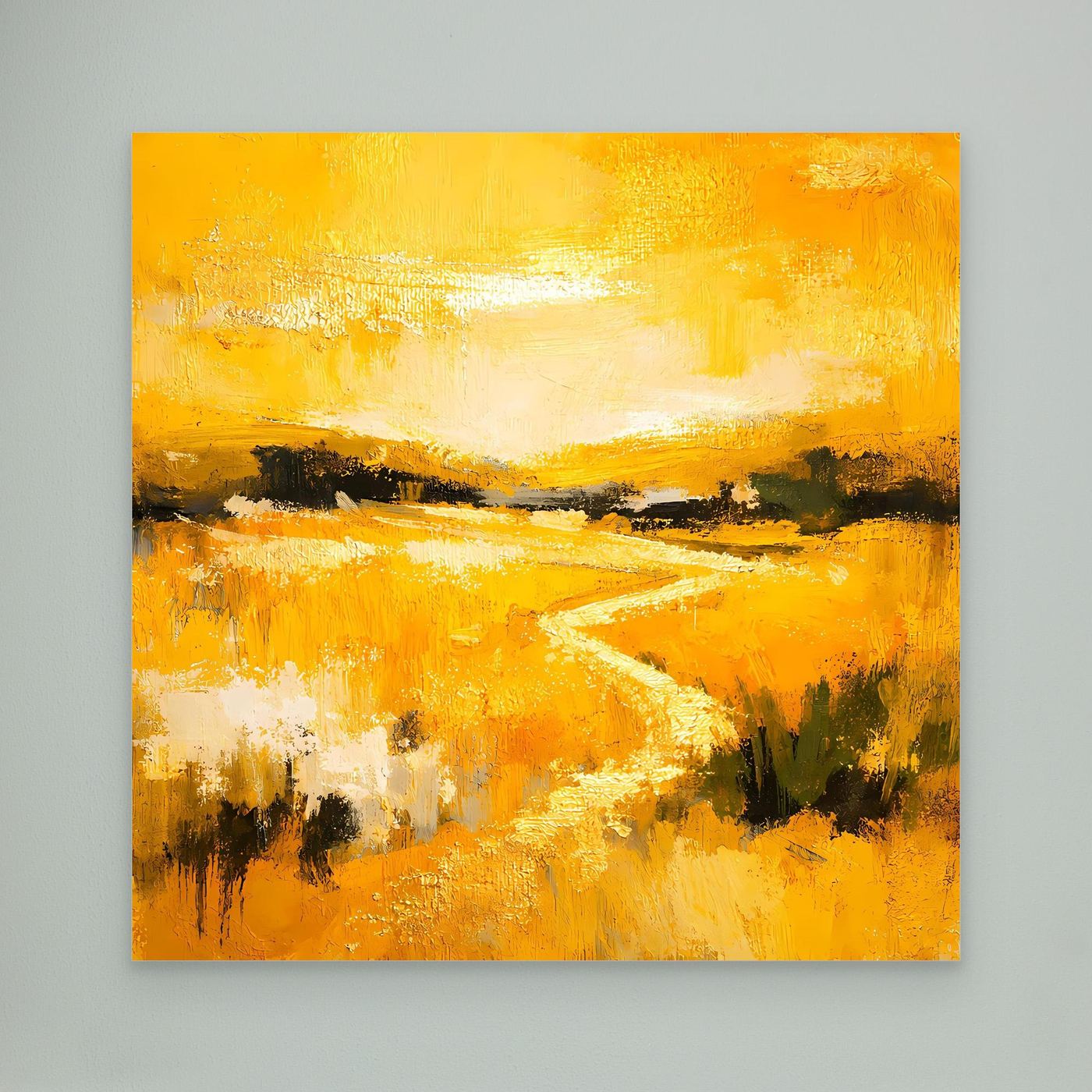 Leinwand Abstraktes Landschaftsgemälde in Gelb und Gold | Modernes Natur Wandbild mit Fluss