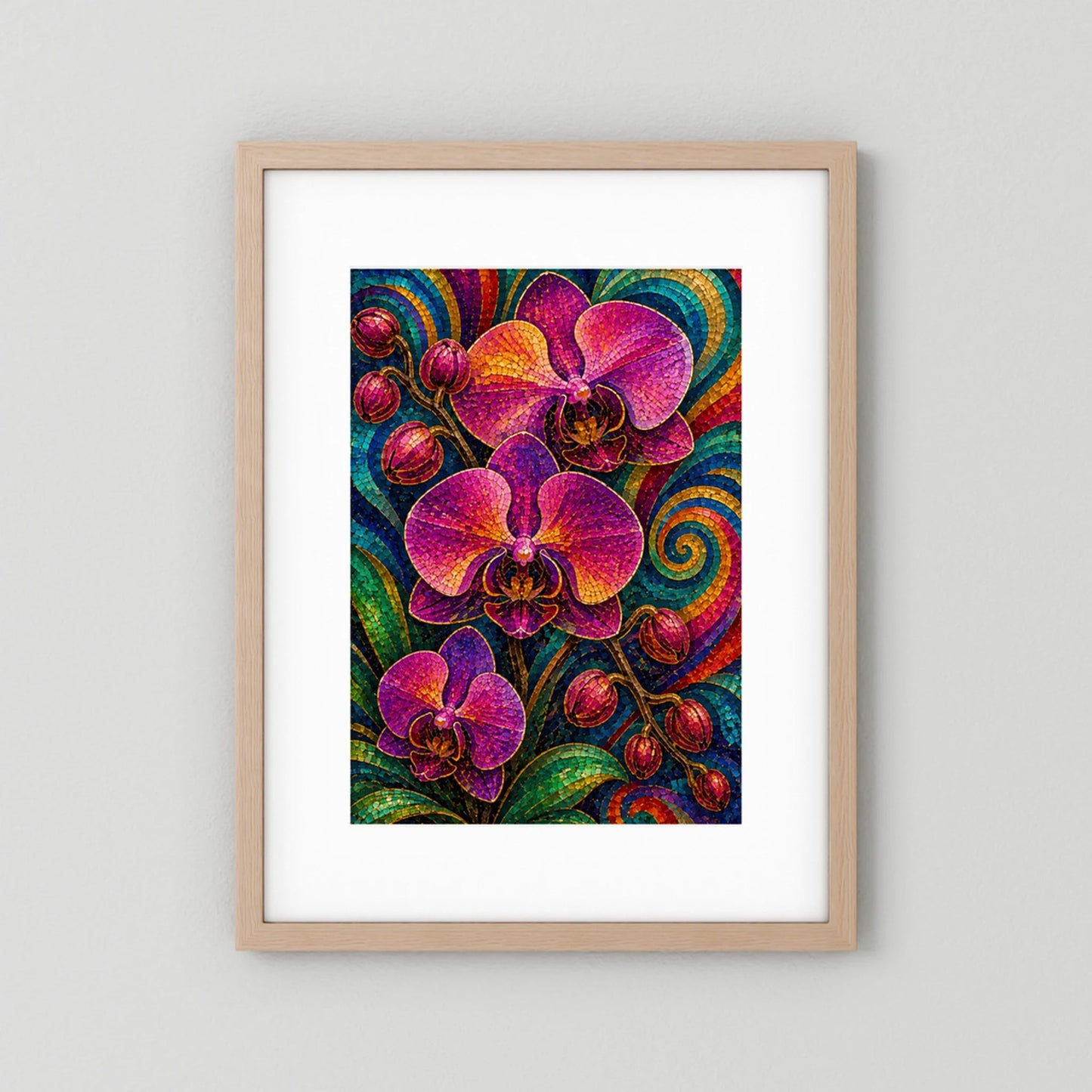 Orchideen-Mosaikposter mit violetten Orchideen, helle Holzleiste und weißes Passepartout