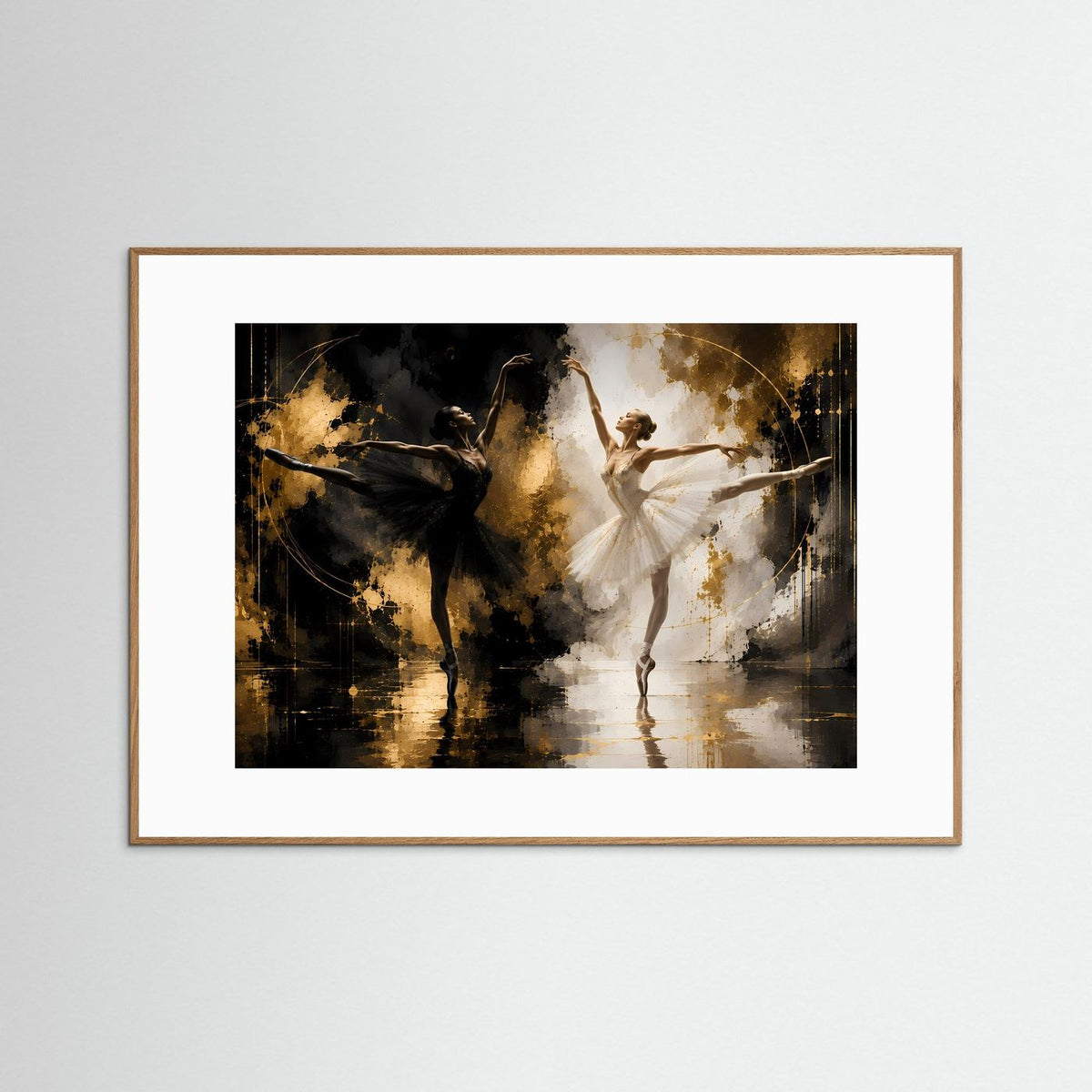 Querformat-Poster mit Tänzerin in Schwarz/Weiß und goldener Abstraktion, hellerer Holzrahmen