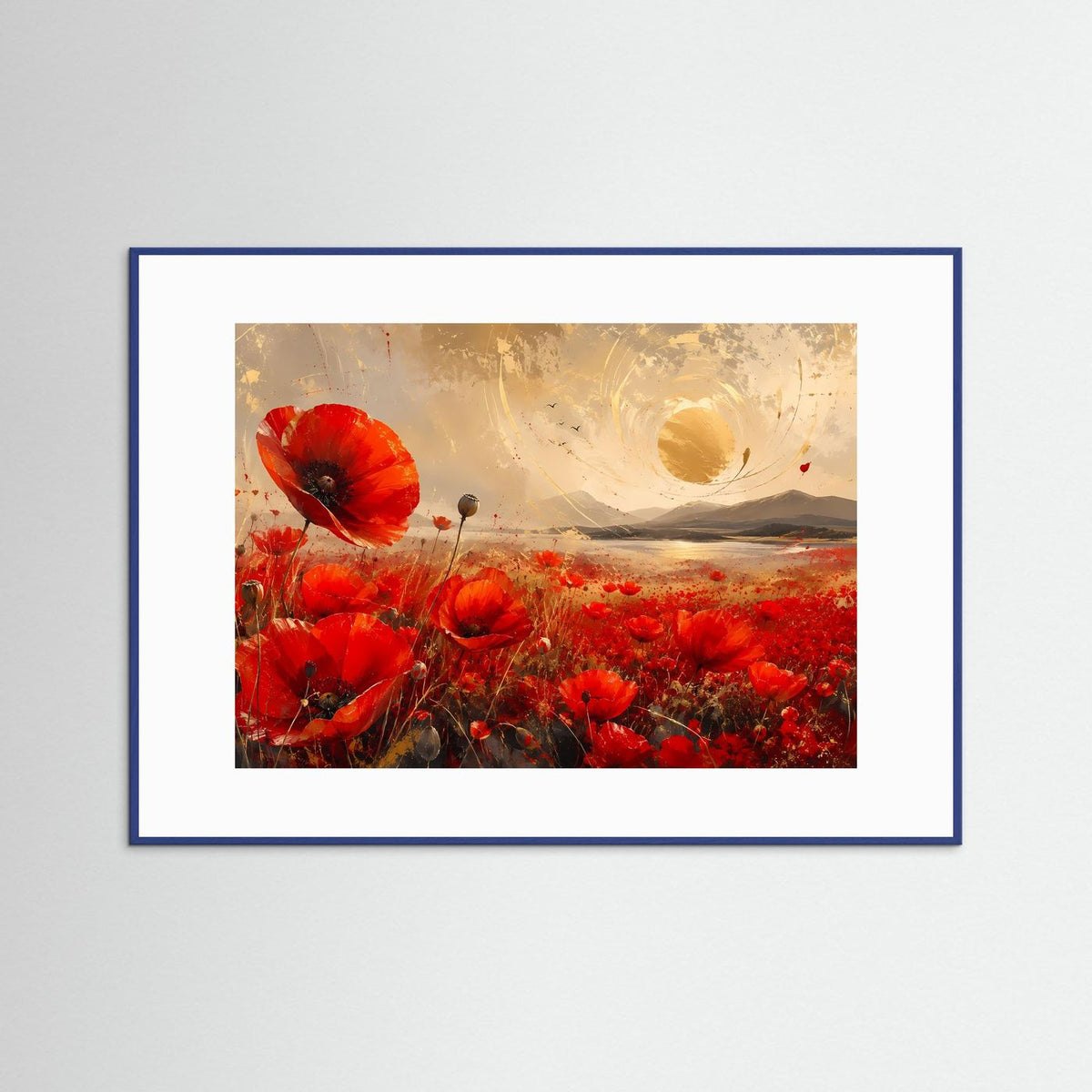 Gerahmtes Wandbild mit rotem Mohnblumenfeld, goldener Sonne und Landschaftsmotiv