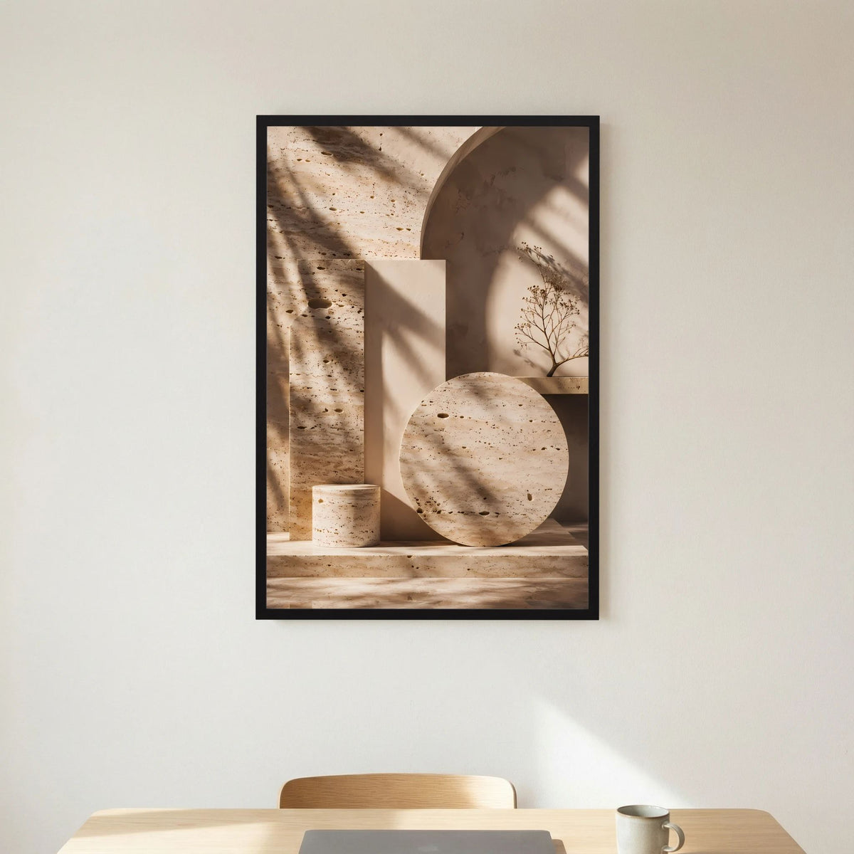 Hochformat-Poster mit abstrakter Architektur in Beige und Creme, schwarzer Rahmen