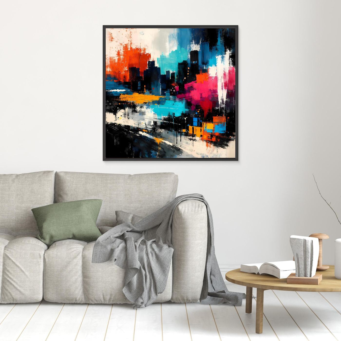 Abstract city skyline canvas wall art with orange, blue and pink city blocks, black frame