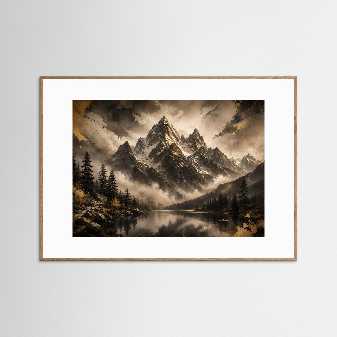 Gerahmtes Querformat-Poster mit Berglandschaft und See im Nebel, heller Holzrahmen.