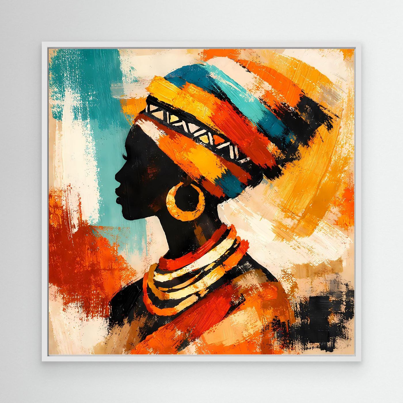 Abstract profile woman wall canvas with teal, orange, and black headwrap stripes and earrings