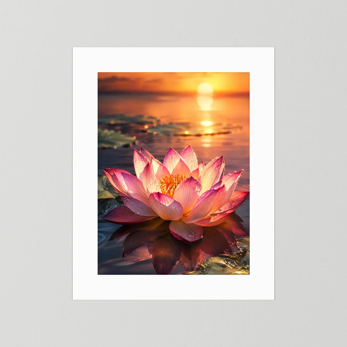 Poster im Hochformat mit pinker Lotusblüte bei Sonnenuntergang, weißer Rand, ohne Rahmen