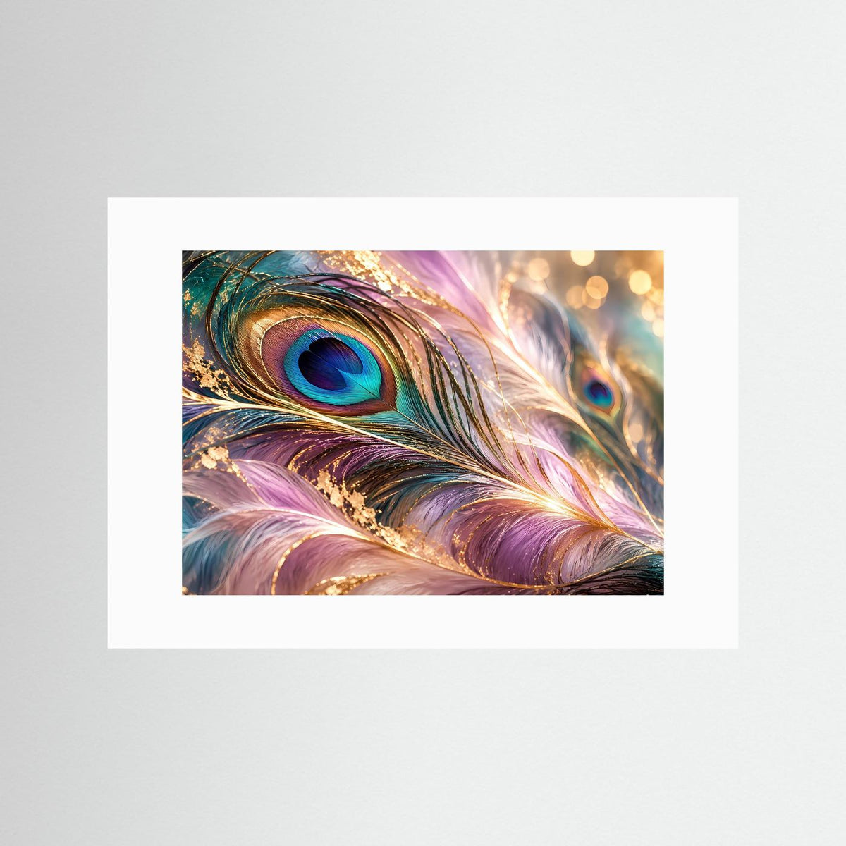 Wandbild mit Pfauenfeder-Motiv mit weißem Passepartout, pastellfarben, goldene Akzente