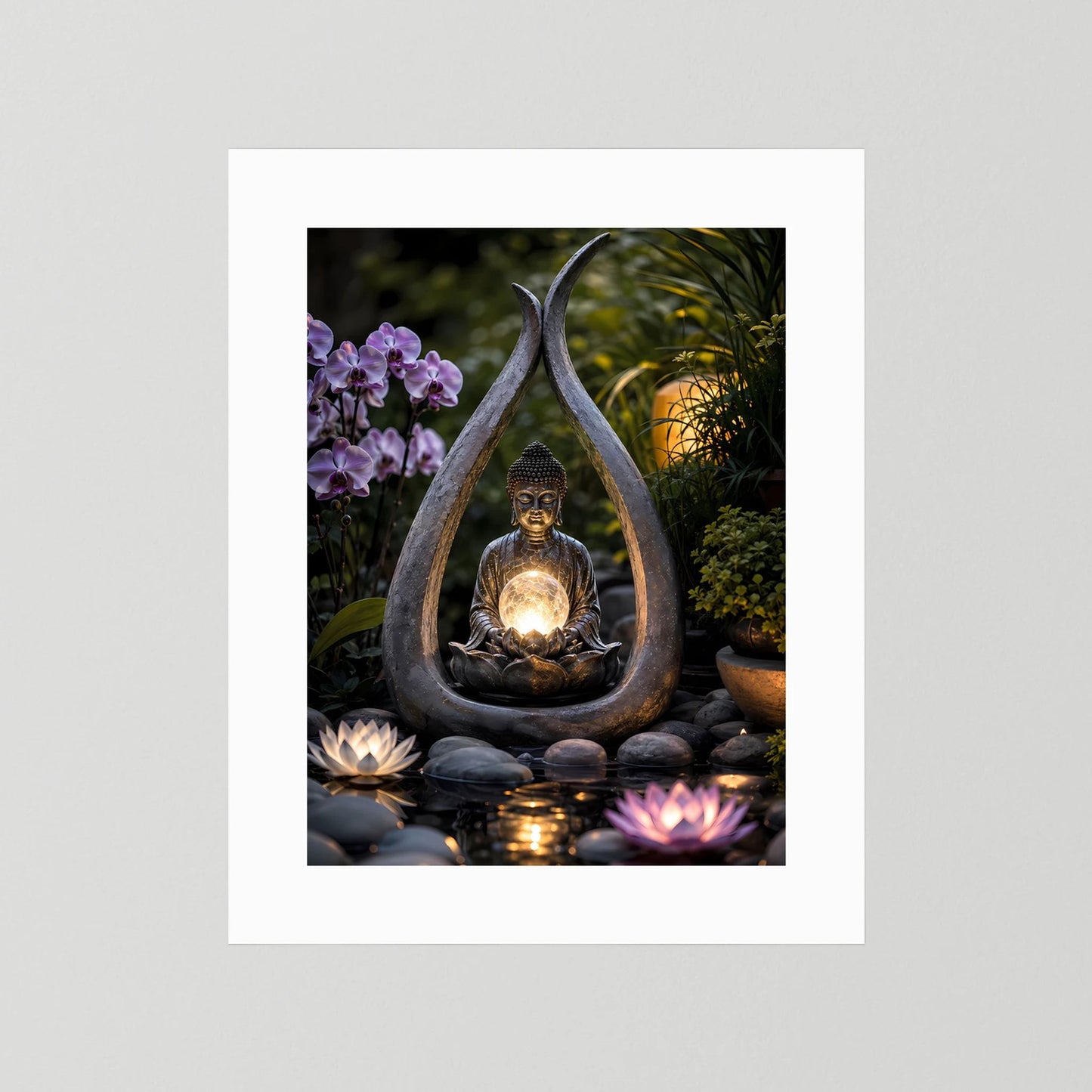 Poster: Meditierender Buddha in Tropfenform, goldene Lichtkugel, Lotusblüten und violette Orchideen