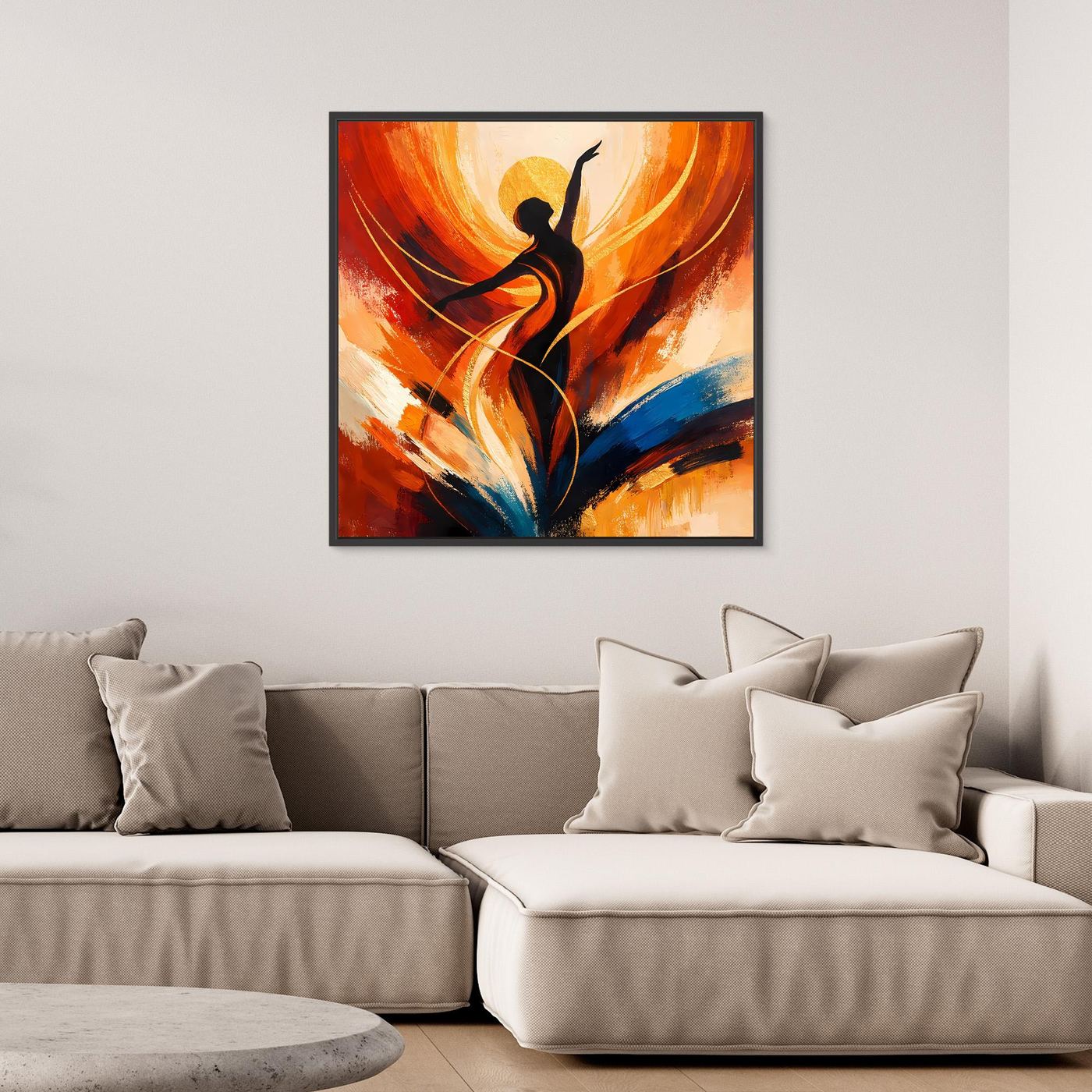 Leinwandbild abstrakte Tänzerin im Sonnenwirbel, Orange/Blau, rechteckig gerahmt