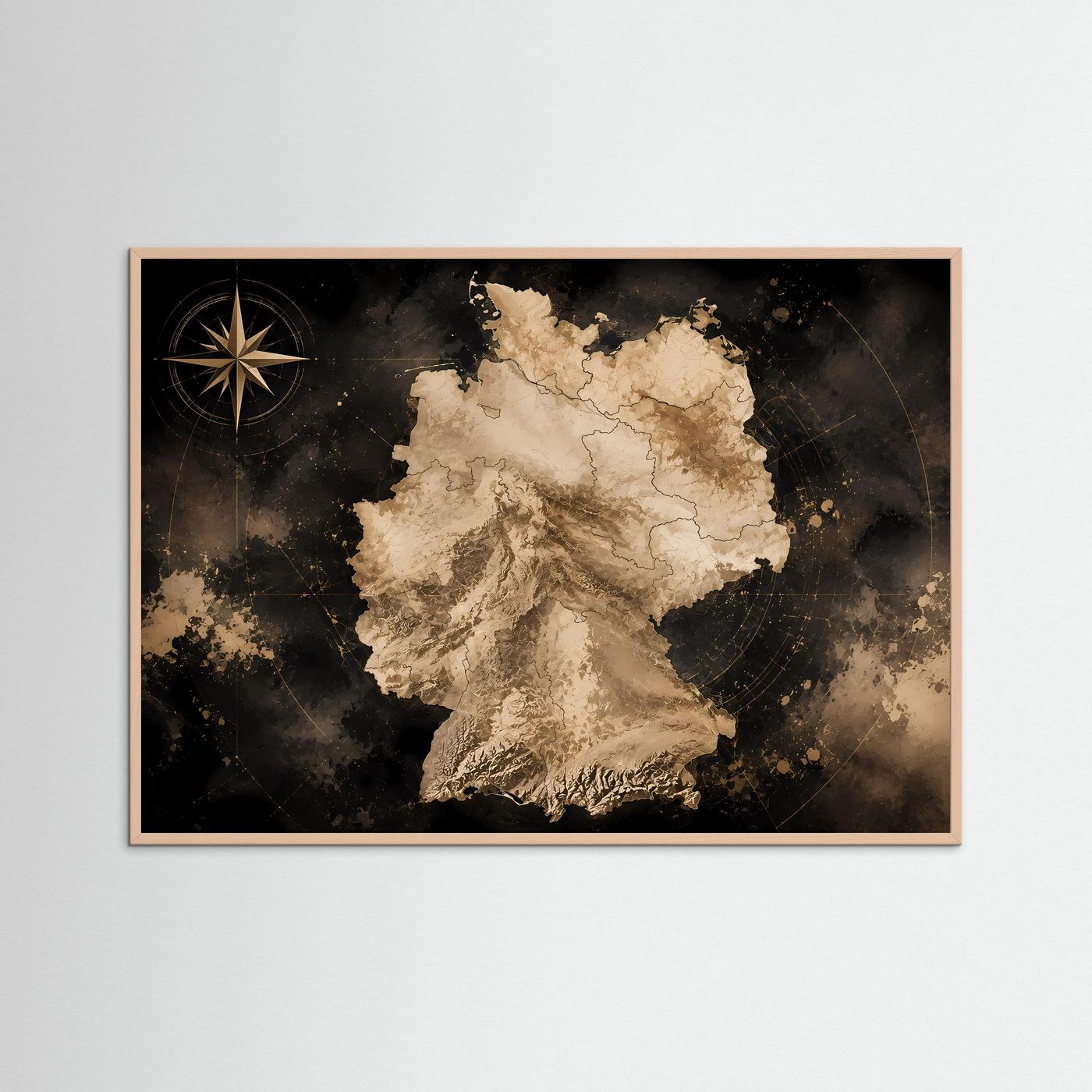 Poster Querformat mit Deutschlandkarte in Beige, Schwarz und Gold und Kompassornament links.