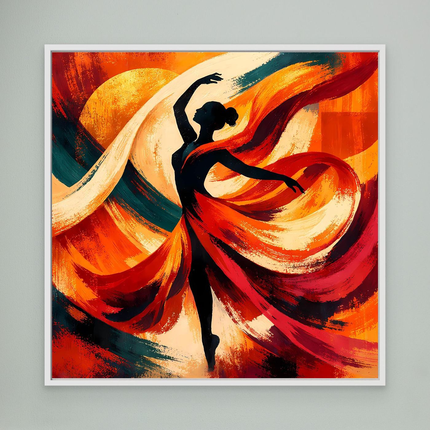 Leinwandbild mit abstrakter Tänzerin, schwarze Silhouette, feurige Rot- und Orangetöne, weißer Schwung.