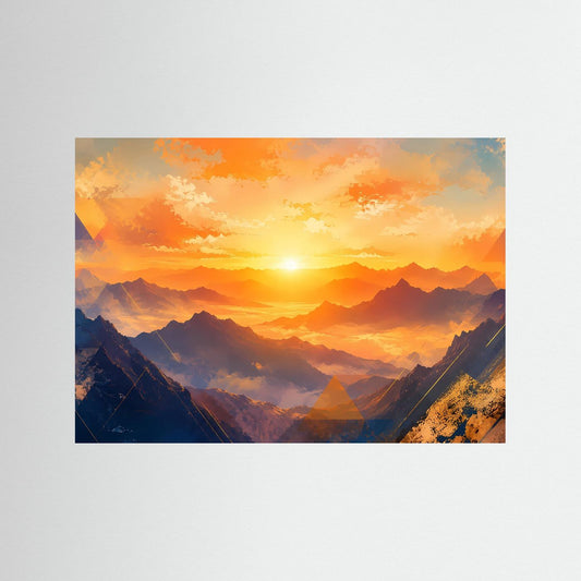 Unge­rahmter Landschaftsdruck mit Bergmotiv bei Sonnenuntergang in Orange und Blau