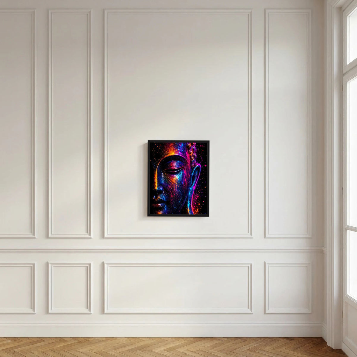 Kunstposter mit abstraktem Buddha-Gesicht in Neonfarben, schwarz gerahmt