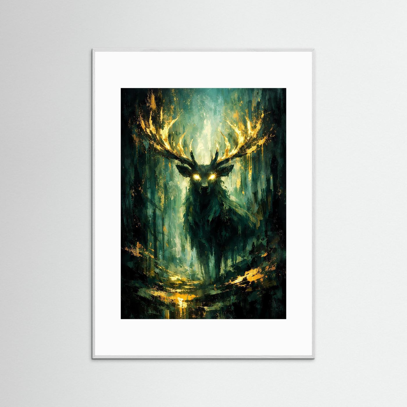 Hirsch-Naturposter im Hochformat, abstrakter Wald mit leuchtender Hirschsilhouette, weiß gerahmt