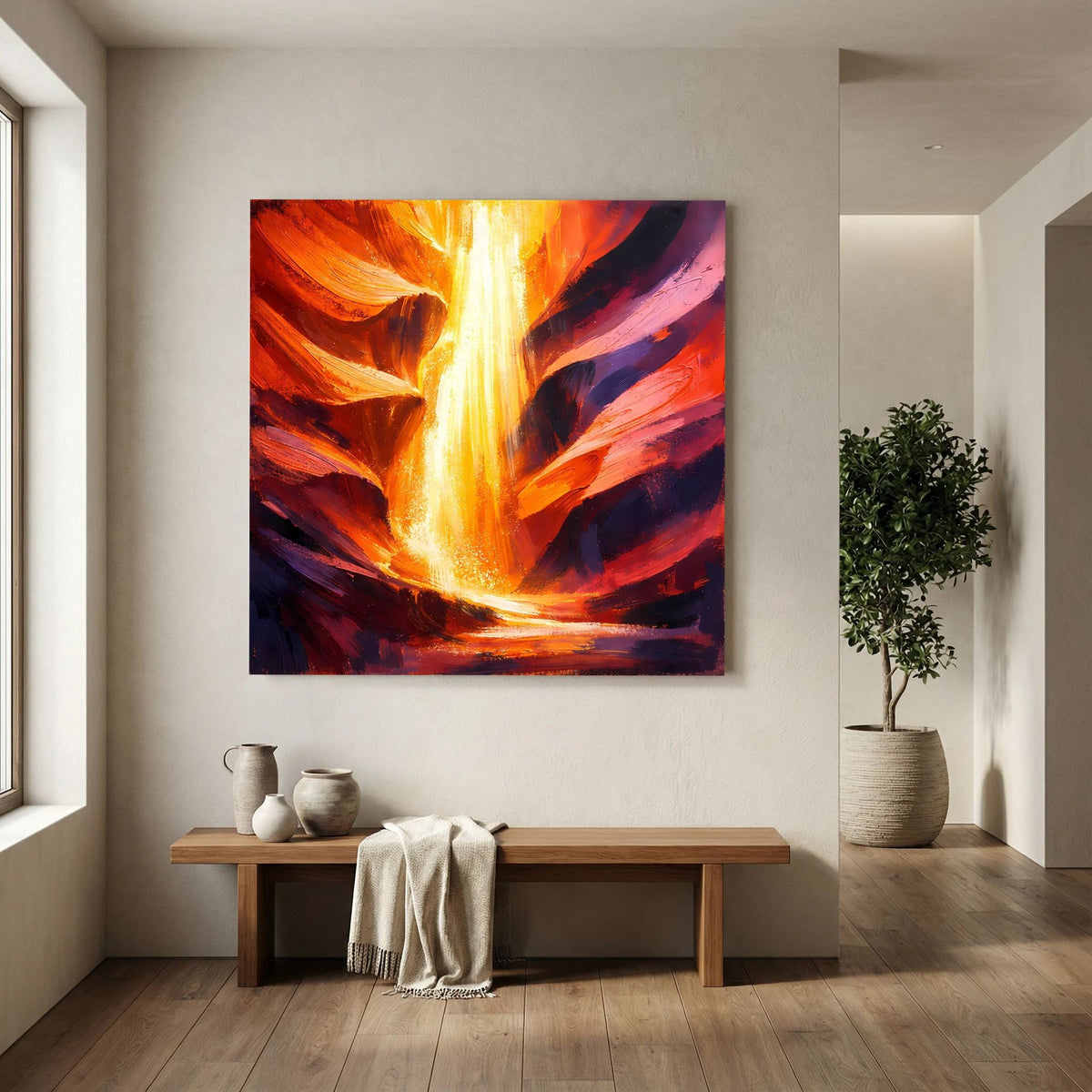 Leinwand-Wandbild mit glühendem Lichtzentrum, umgeben von orangefarbenen und violetten Flächen