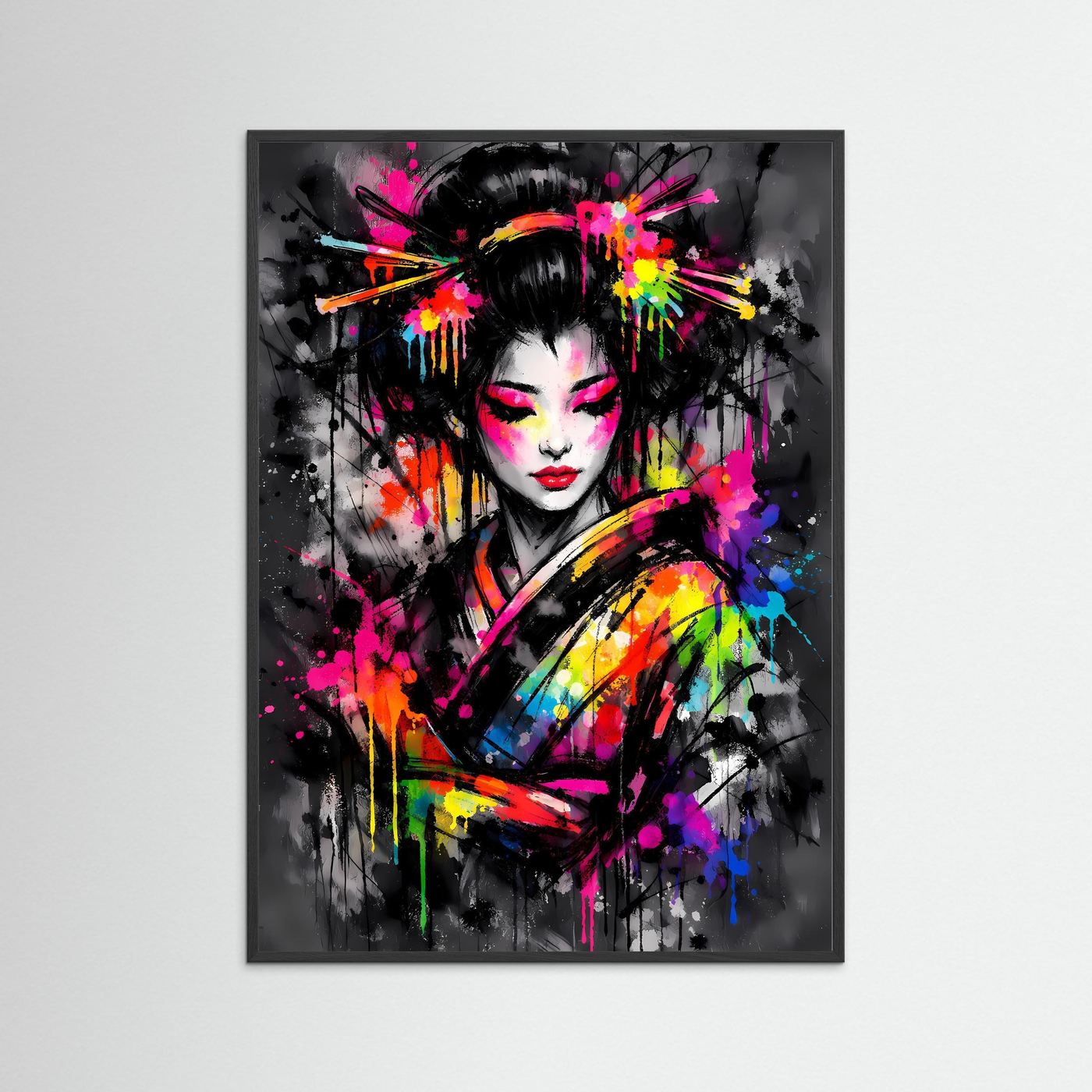 The Neon Geisha | Luxuriöses Geisha Poster Bunt & Dunkel | Abstraktes Japan Kunstposter Hochformat