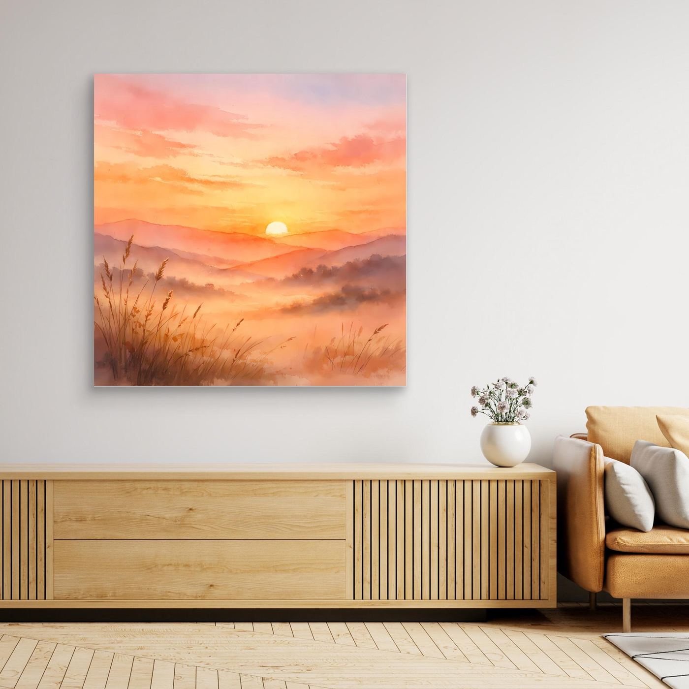 Leinwandbild mit hellem Rand, warmes Aquarell Sonnenuntergangsmotiv mit Bergen und Schilf