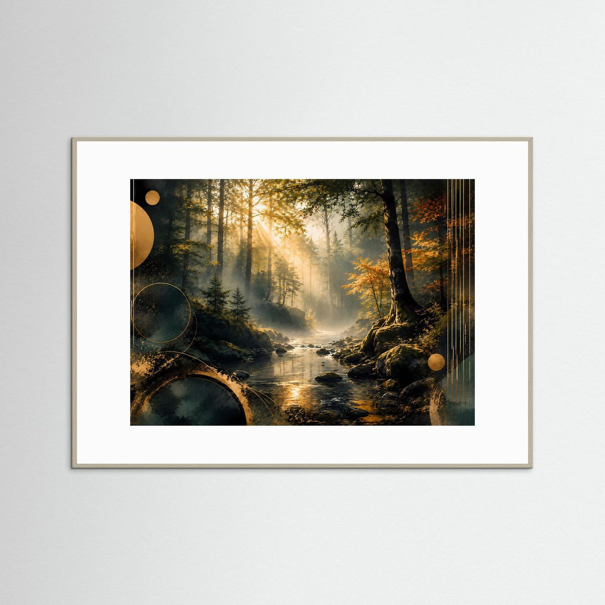 Querformat-Poster im beigem Rahmen mit Wald und Bach, goldene Lichtstrahlen, grüne Farbtöne