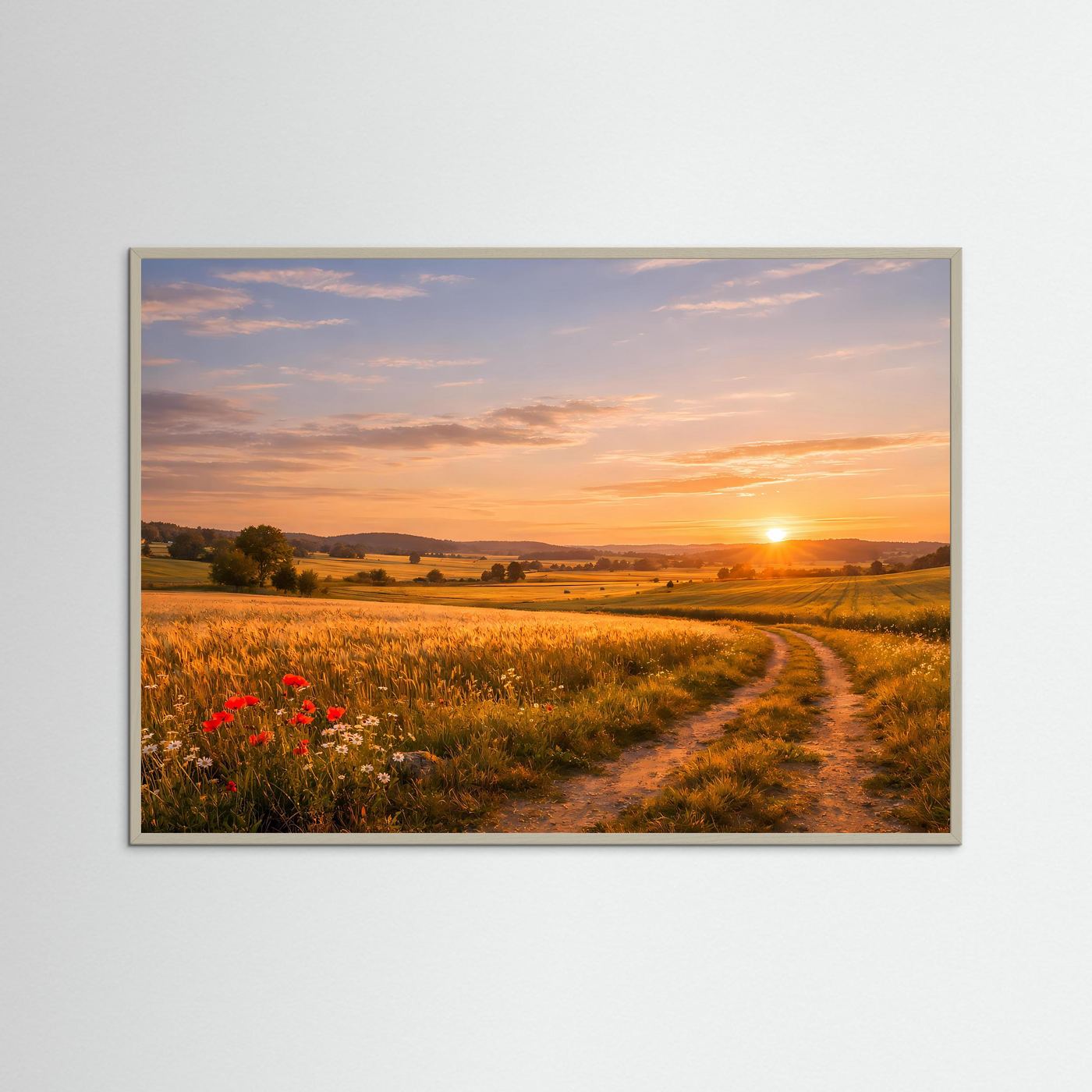 Idyllischer Sonnenuntergang im Kornfeld | Feldweg & Natur Poster Querformat