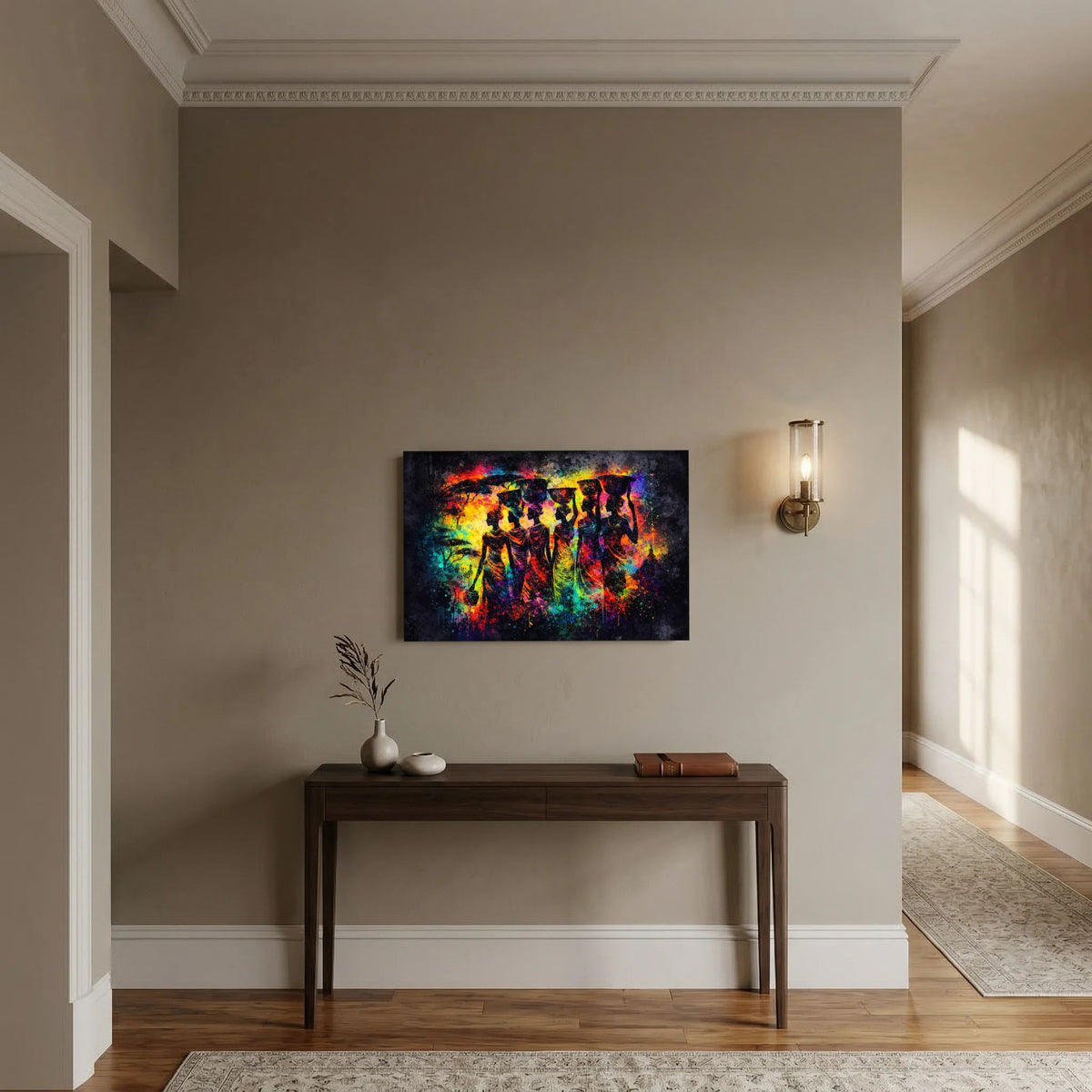 Rechteckiges Wandbild mit bunten Silhouetten afrikanischer Frauen, Farbenexplosion