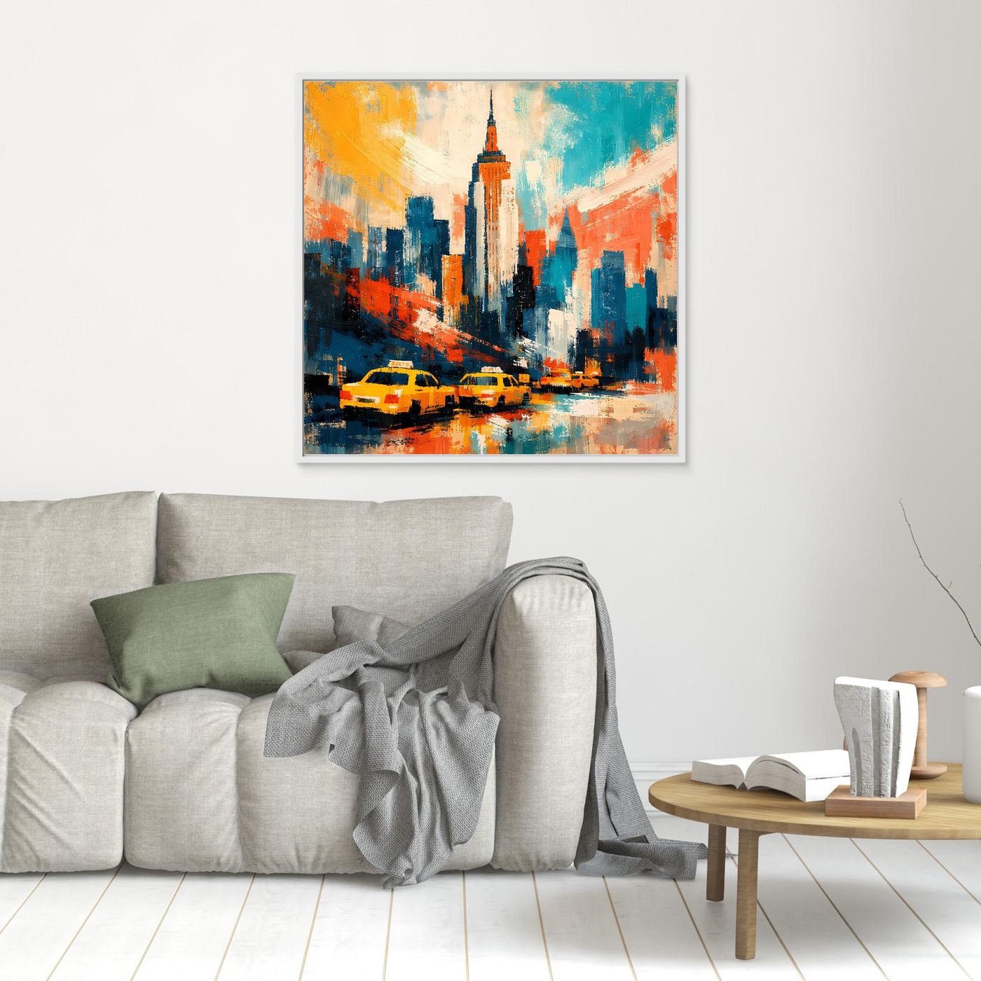 Abstraktes Leinwand-Wandbild mit Skyline und gelben Taxis, hell gerahmt
