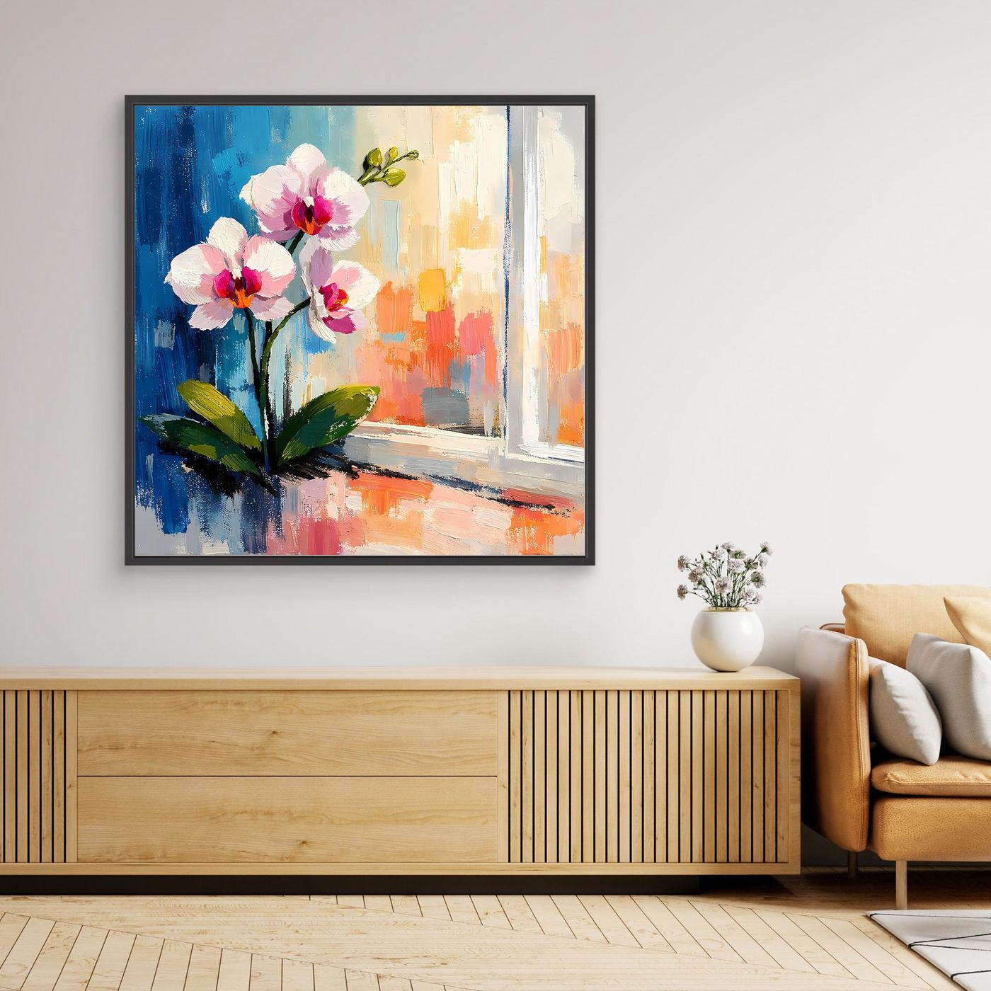 Wandbild mit abstrakter Orchidee im Fenstermotiv, in schwarzem Rahmen