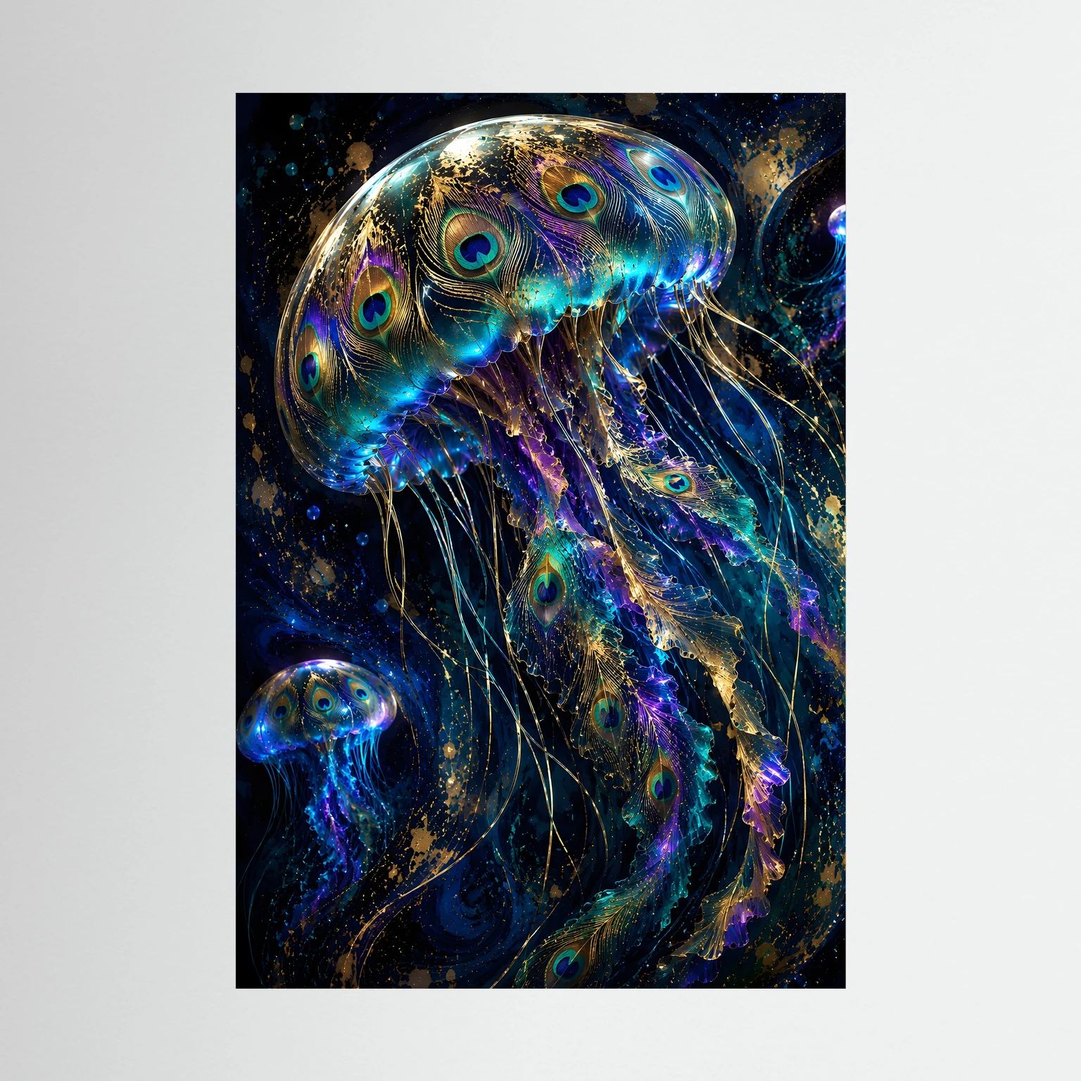 Quallen-Poster mit leuchtendem Kopf und Fäden in Blau und Gold, Hochformat (nah) 