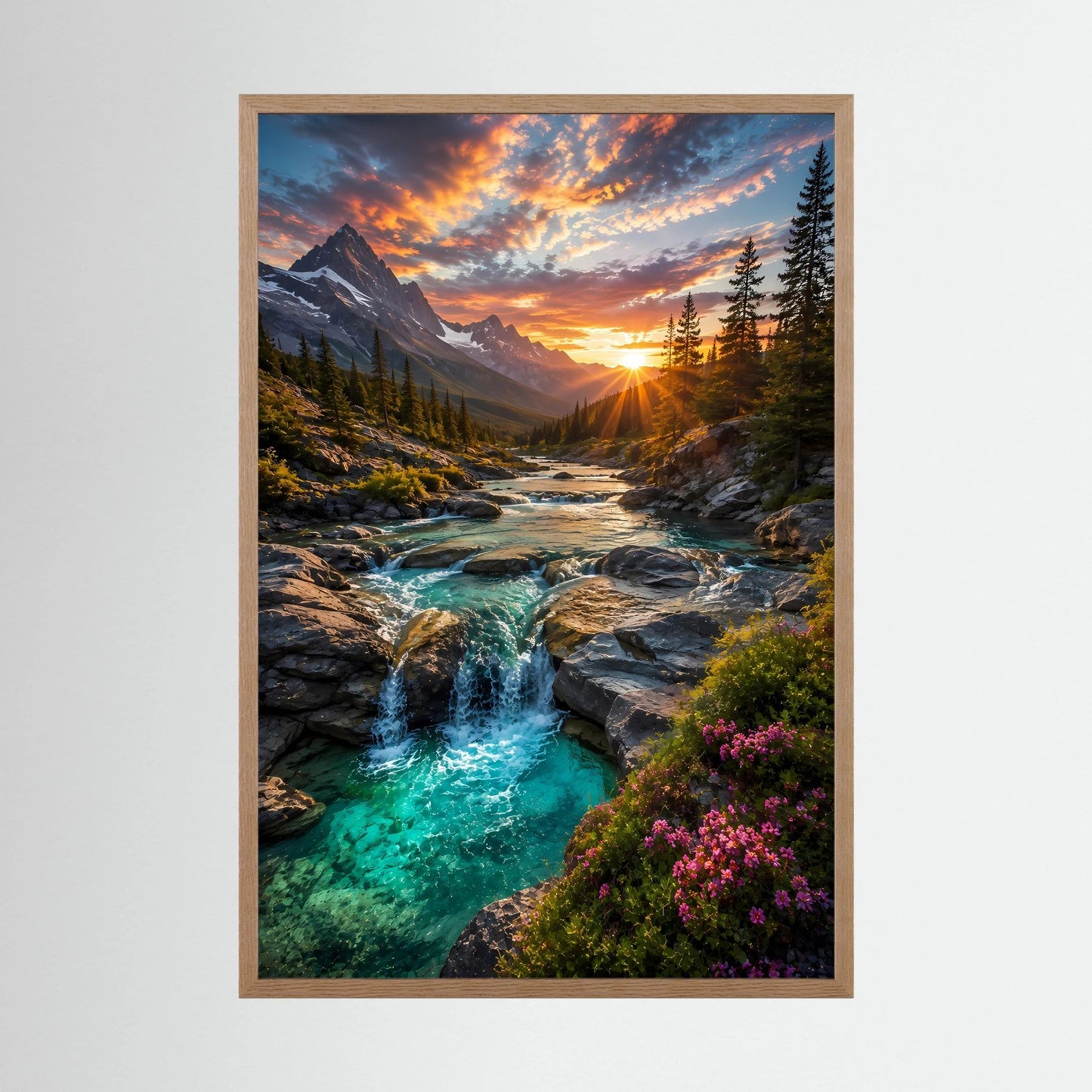 Hochformat-Poster mit türkisem Wasserfall im Alpen-Tal, Holzrahmen in Eiche hell