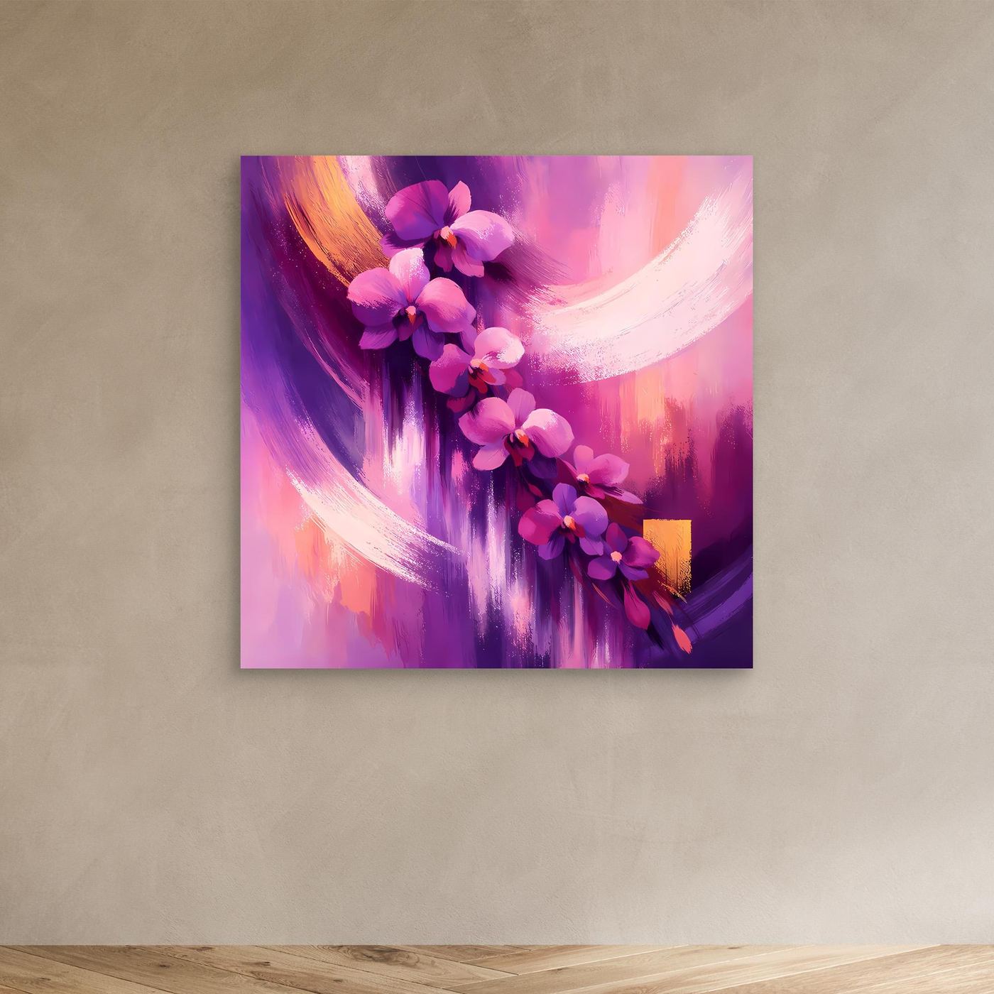 Leinwandbild mit abstrakten Orchideen in Lila- und Rosatönen, ohne sichtbaren Rahmen