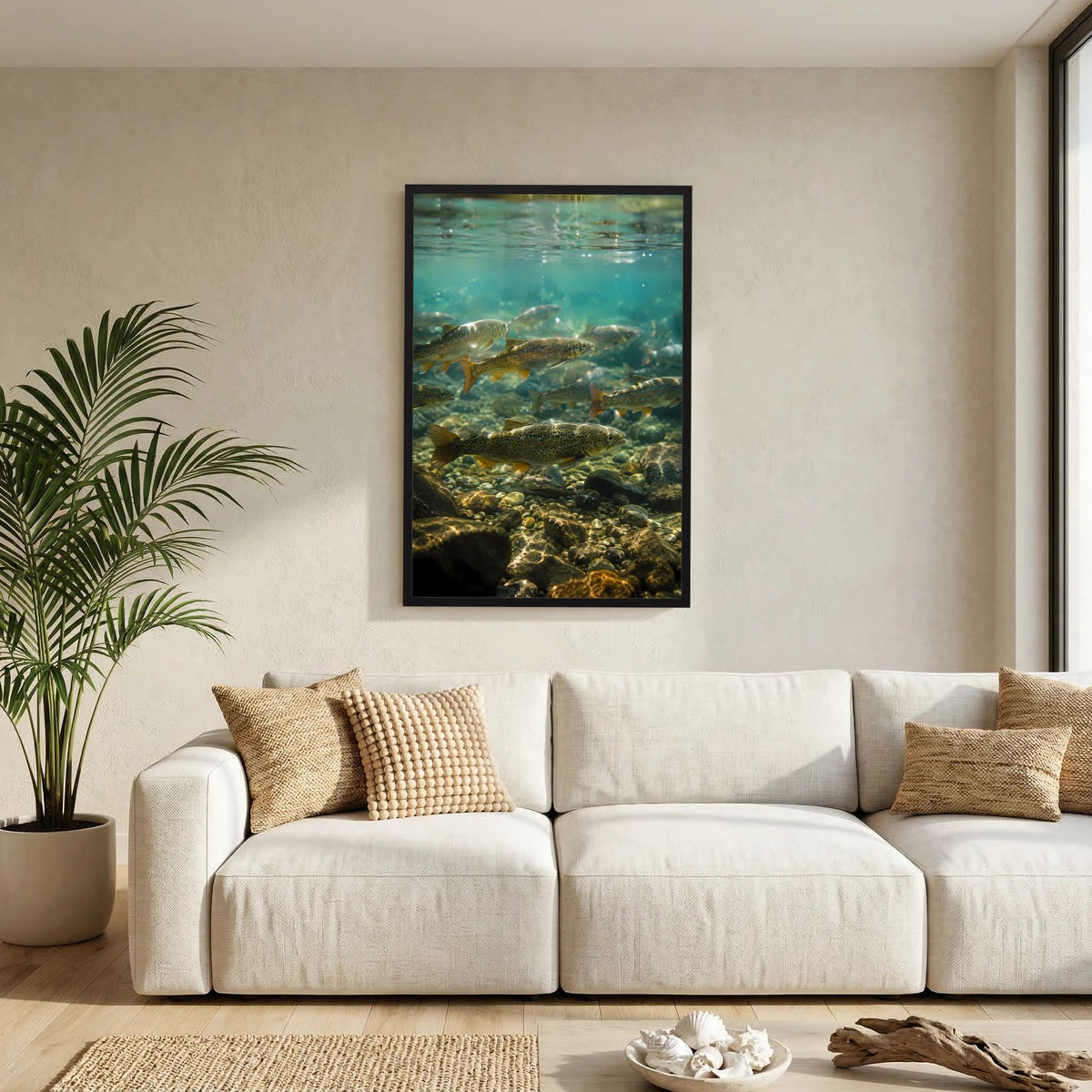 Poster Hochformat an Wand: Forellen im klaren Wasser über Flusssteinen