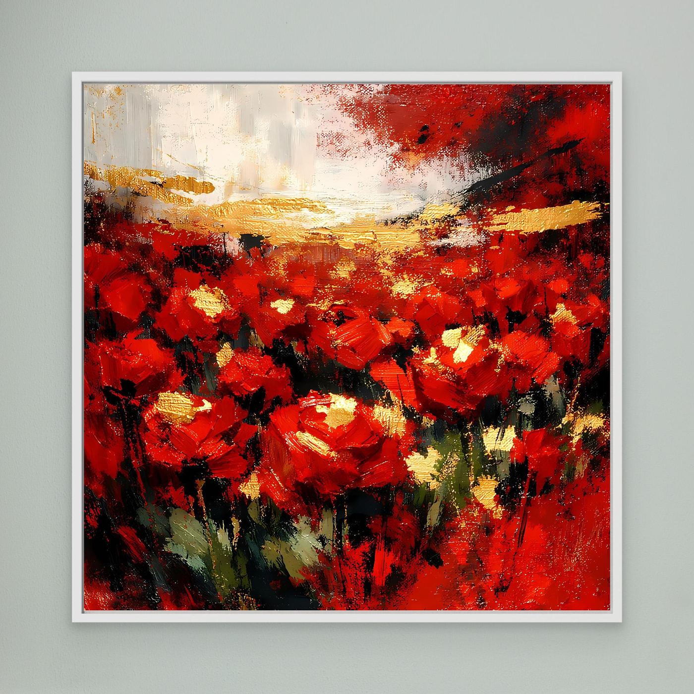 Wandbild mit abstraktem Blumenfeld, roten Blüten und Goldakzenten, weißer Rahmen
