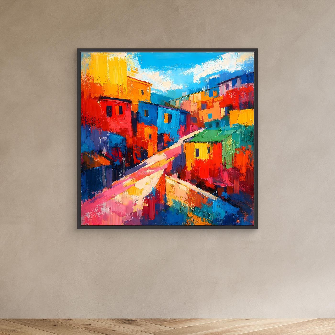 Abstraktes Favela-Leinwandbild mit schwarzem Rahmen: bunte Häuser und Straße