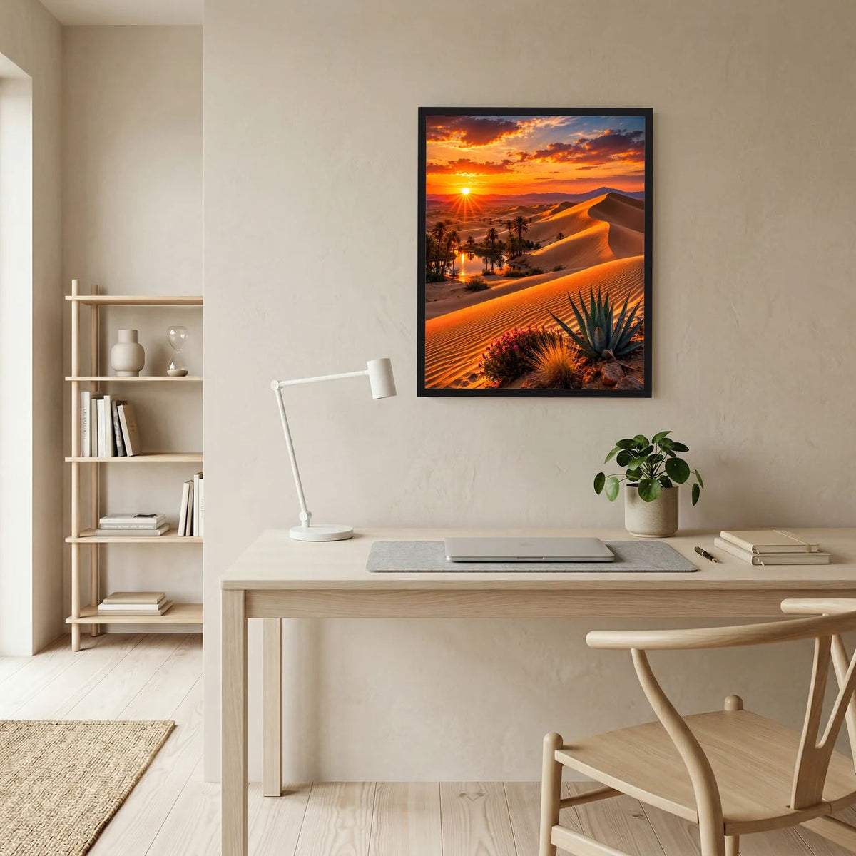 Kleines Wandposter im Hochformat mit goldenen Sanddünen, Oase und Palmen bei Sonnenuntergang