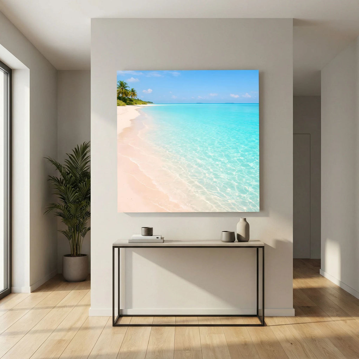 Leinwandbild Strandmotiv: türkisfarbenes Meer, helle Sandfläche und Palme