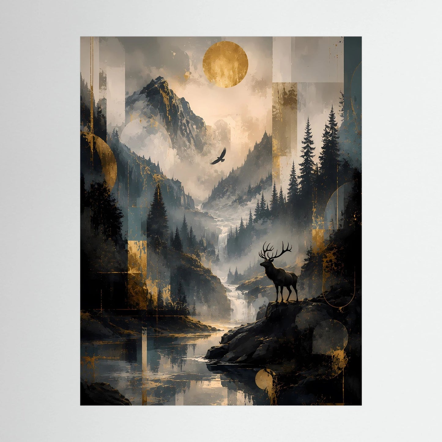 Gerahmtes Poster im Hochformat als Nahansicht: Hirsch, Berge, goldene Sonne