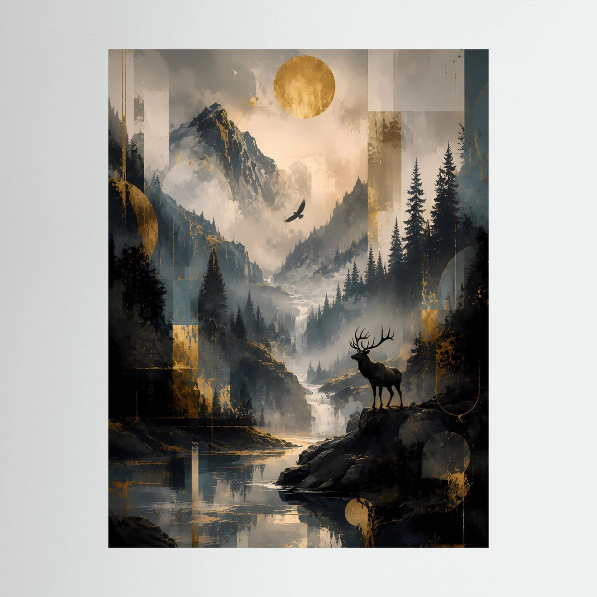 Gerahmtes Poster im Hochformat als Nahansicht: Hirsch, Berge, goldene Sonne