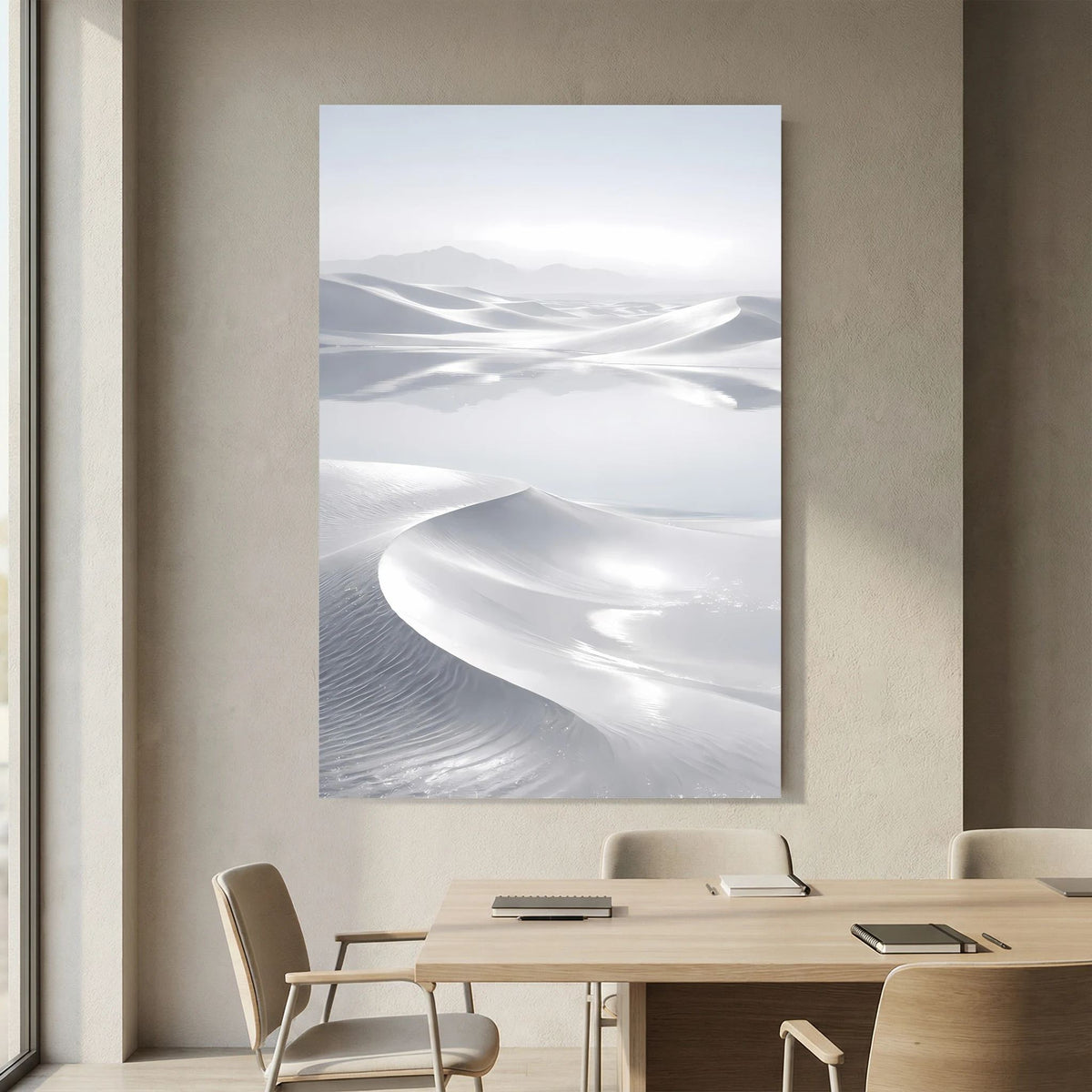 Poster im Hochformat mit wellenförmigen Wüstendünen in hellen Grau- und Weißtönen