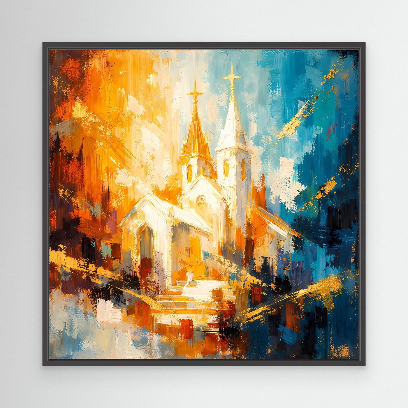 Leinwandbild mit abstrakter Kirche in Orange- und Blautönen, schwarzer Rahmen