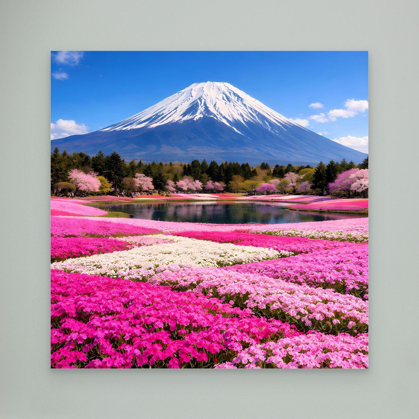 Leinwandbild mit Fuji, See und Kirschblüten im Blütenmeer, blauer Rand