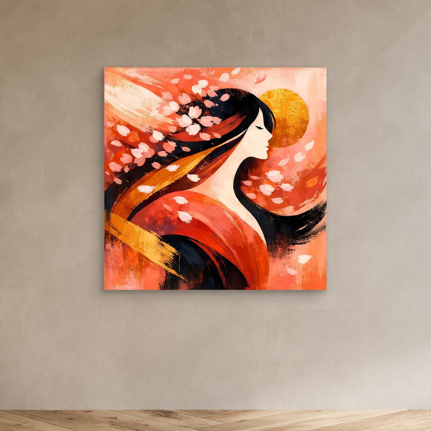 Leinwandbild ohne Rahmen: Geisha-Profil mit Kirschblüten, goldene Sonne in orange-roter Abstraktion