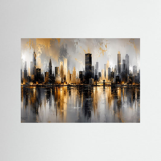 Stadtkunst-Poster im Querformat mit Skyline und Spiegelung im Wasser, warmes Licht