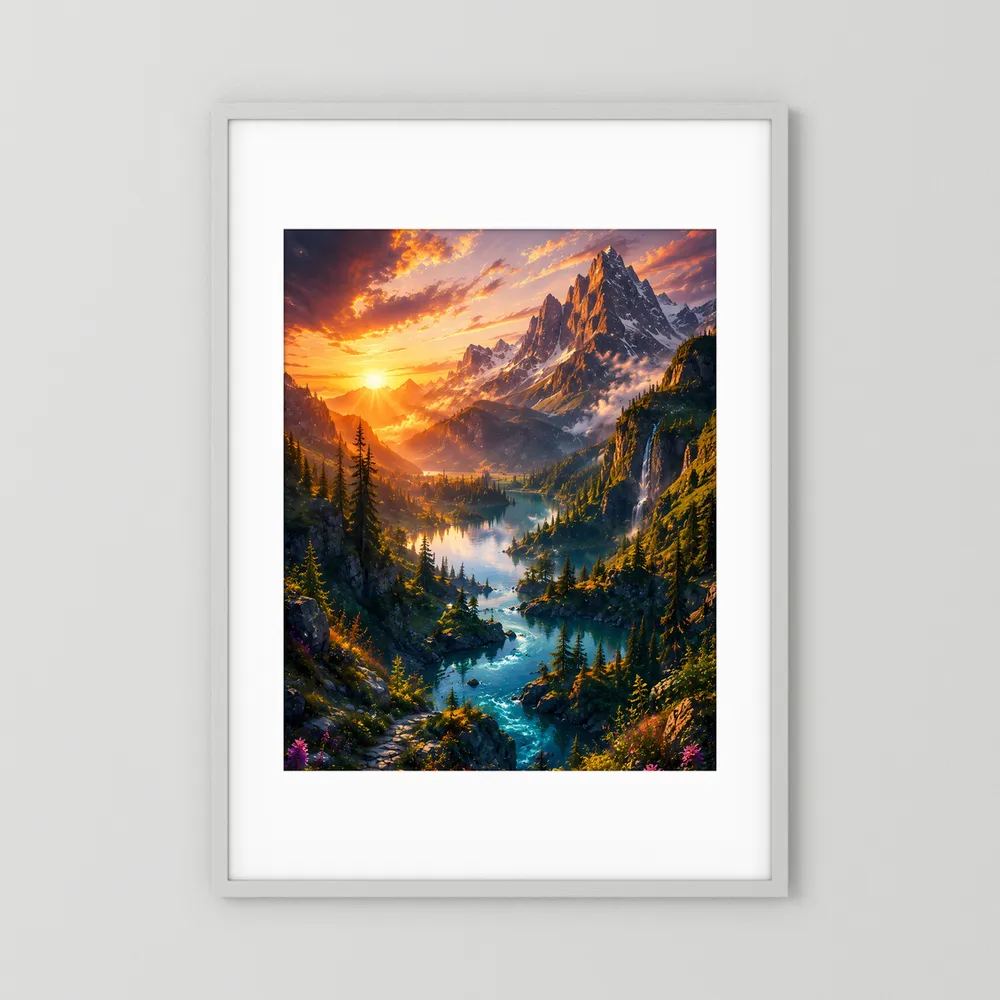 Hochformat-Poster mit weißem Passepartout und hellem Rahmen, Bergtal mit türkisfarbenem Fluss