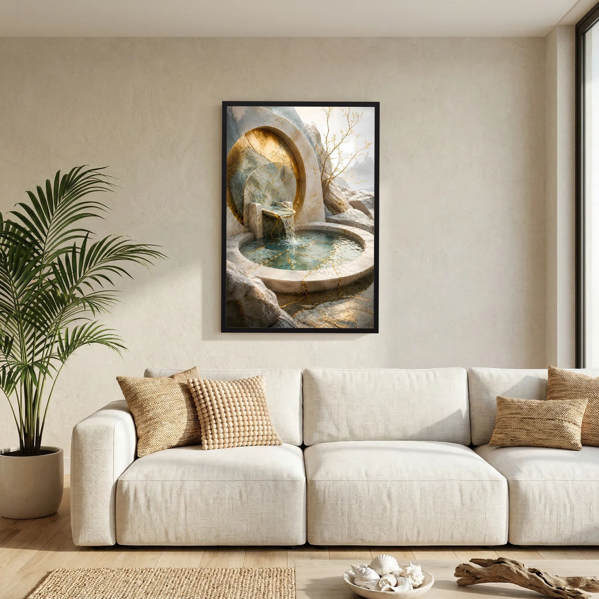 Hochformat-Poster mit Brunnen in Stein und goldenen Bögen, türkisfarbenes Wasser