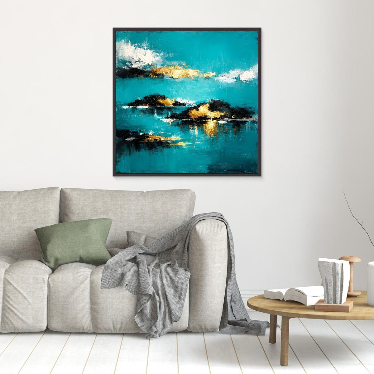 Kleines quadratisches abstraktes Wandbild mit türkisblauer See, goldenen Inseln und leuchtenden Reflexen.