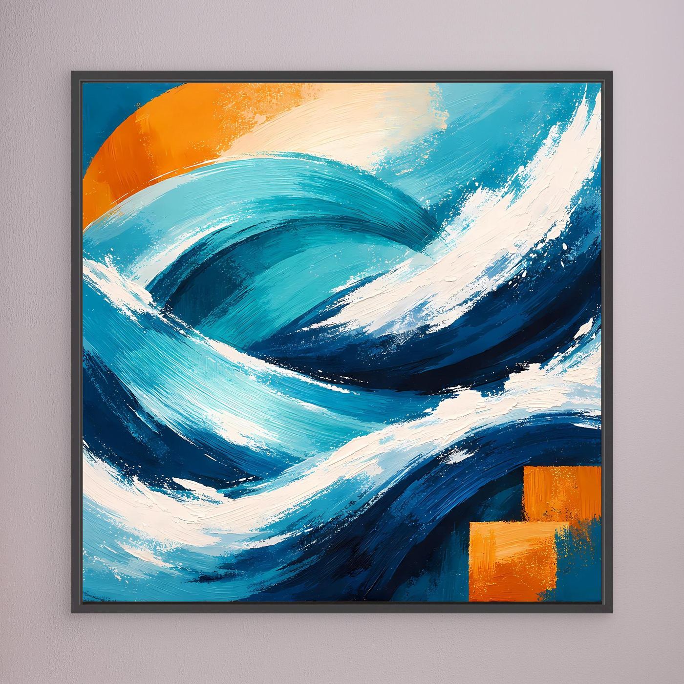 Leinwandbild mit abstraktem Wellenmotiv in Blau und Türkis, dunkelbraun gerahmt