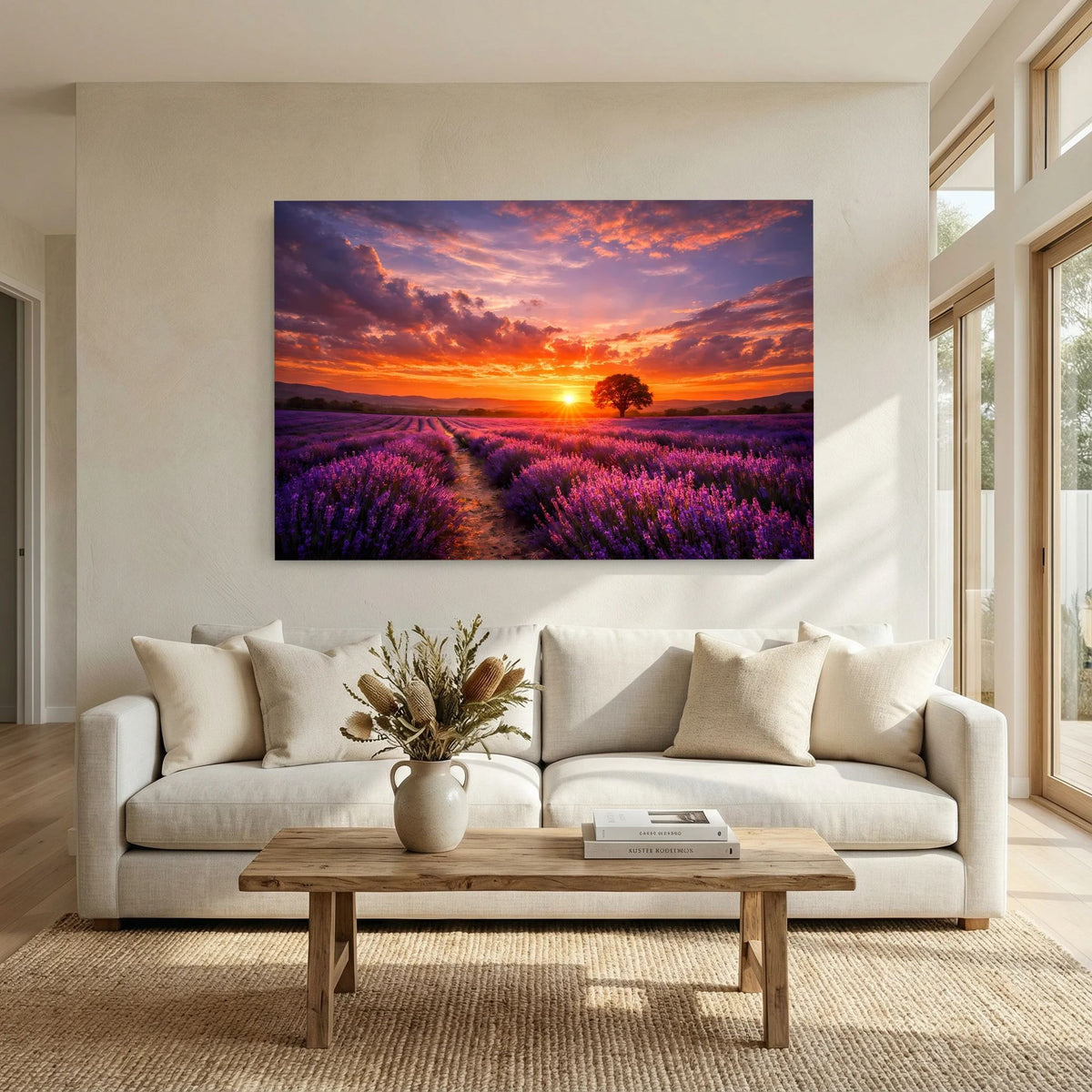 Horizontales Wandbild mit Lavendelfeld bei Sonnenuntergang, mittig über dem Sofa.