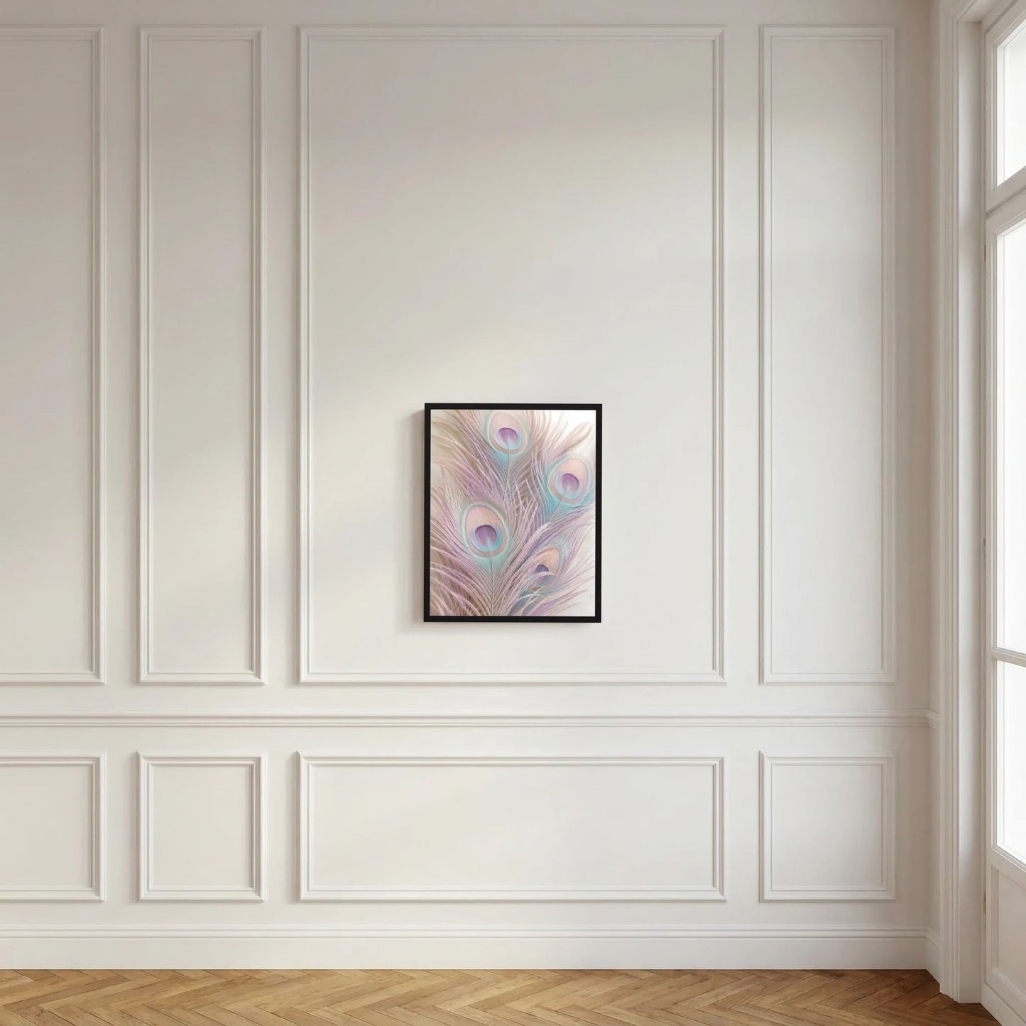 Wandbild-Poster mit Pfauenfedern in Pastell, rosa & türkis, im schwarzen Rahmen
