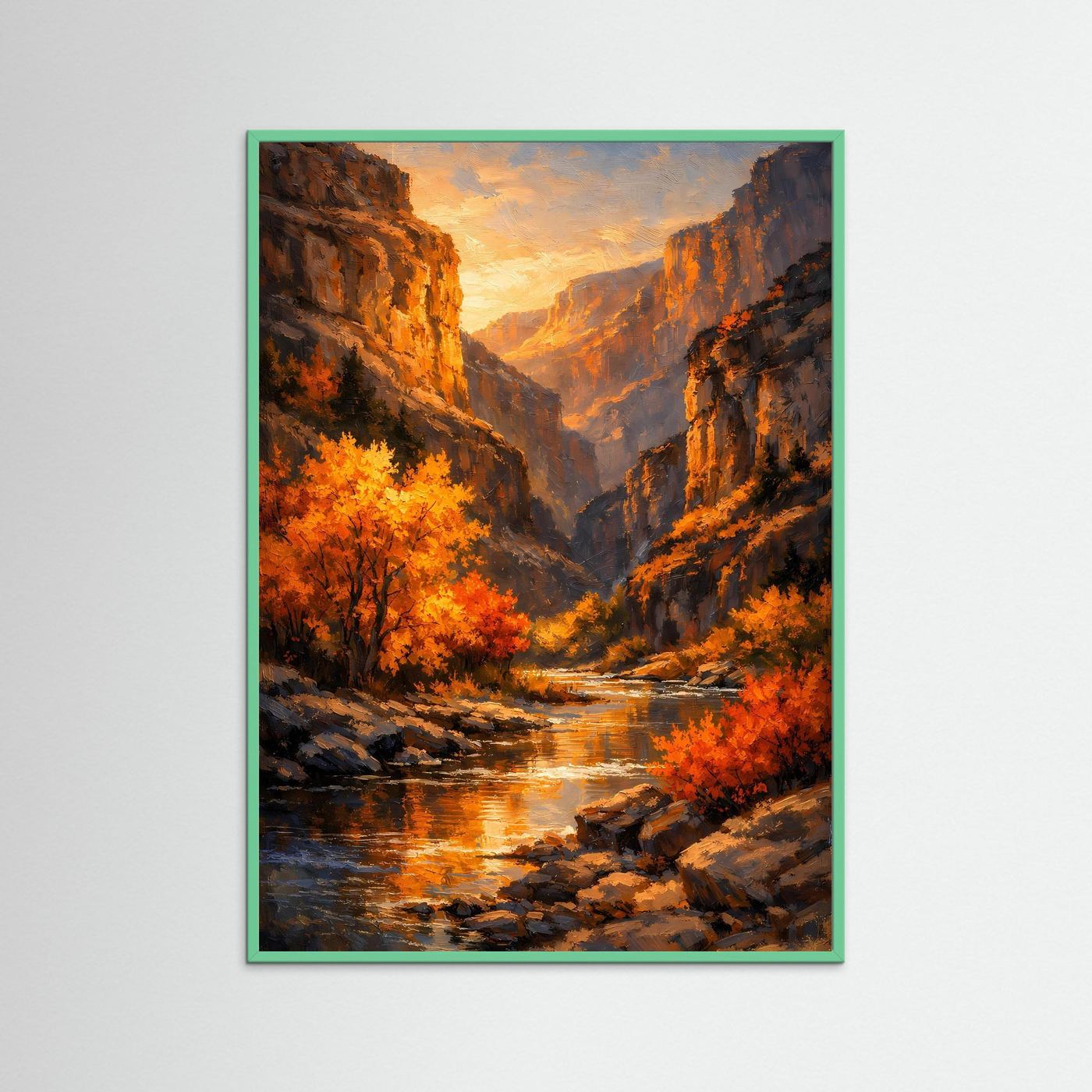 Wandbild: goldener Canyon mit Herbstbäumen, grüner Holzrahmen