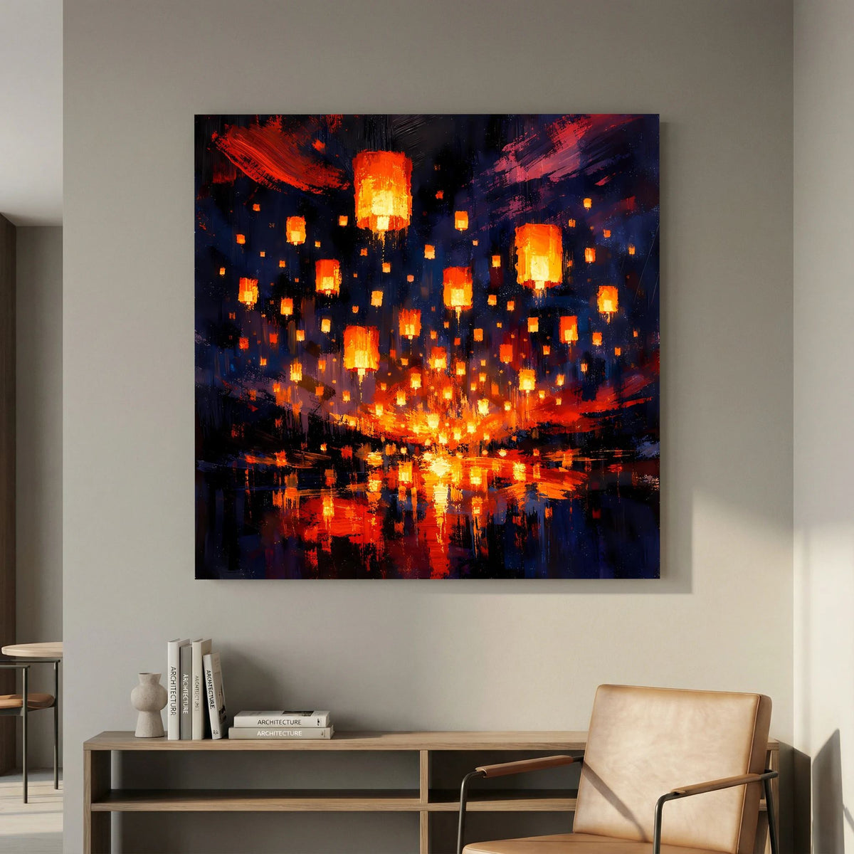 Leinwand-Wandbild mit leuchtenden Quadraten im Nachthimmel und Lichtspur auf dem Wasser